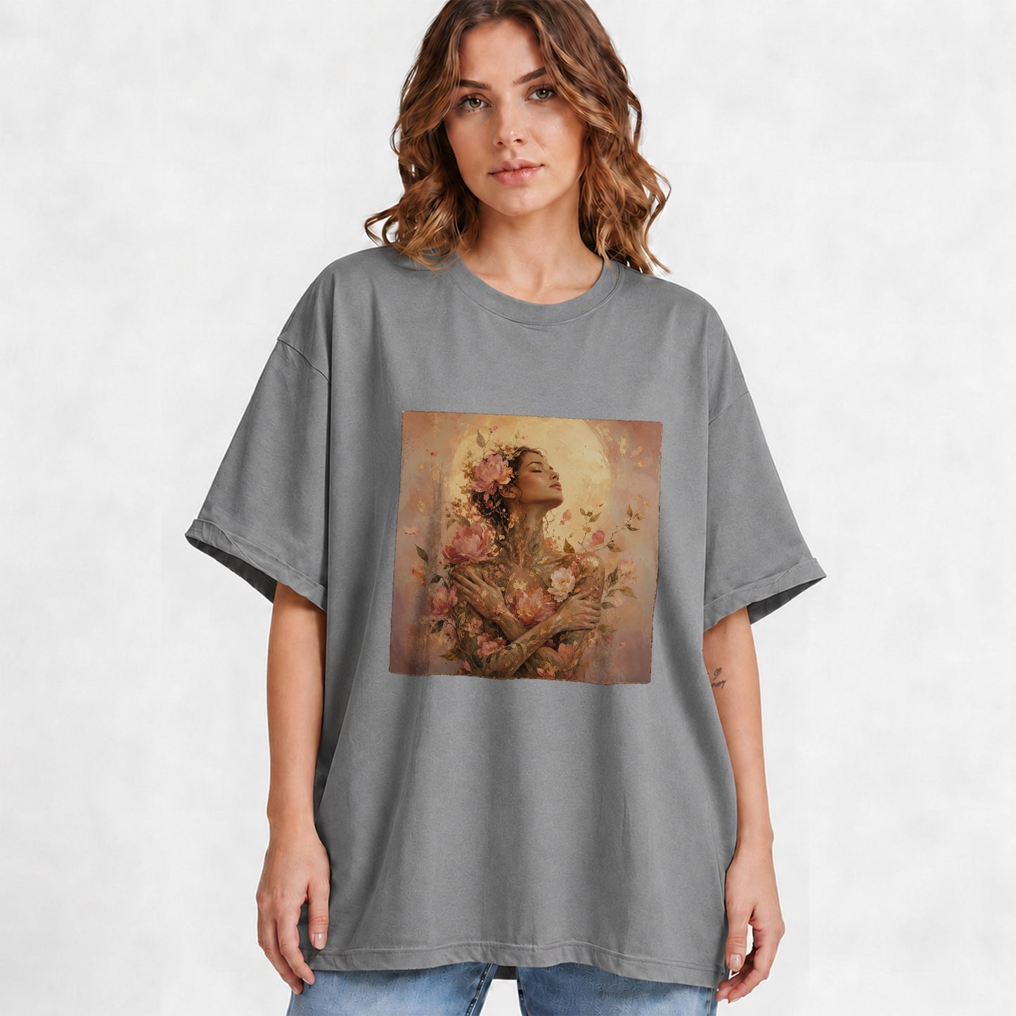 #pl[Gray] Floral Woman Graphic T-Shirt, Self Embrace Botanical Portrait