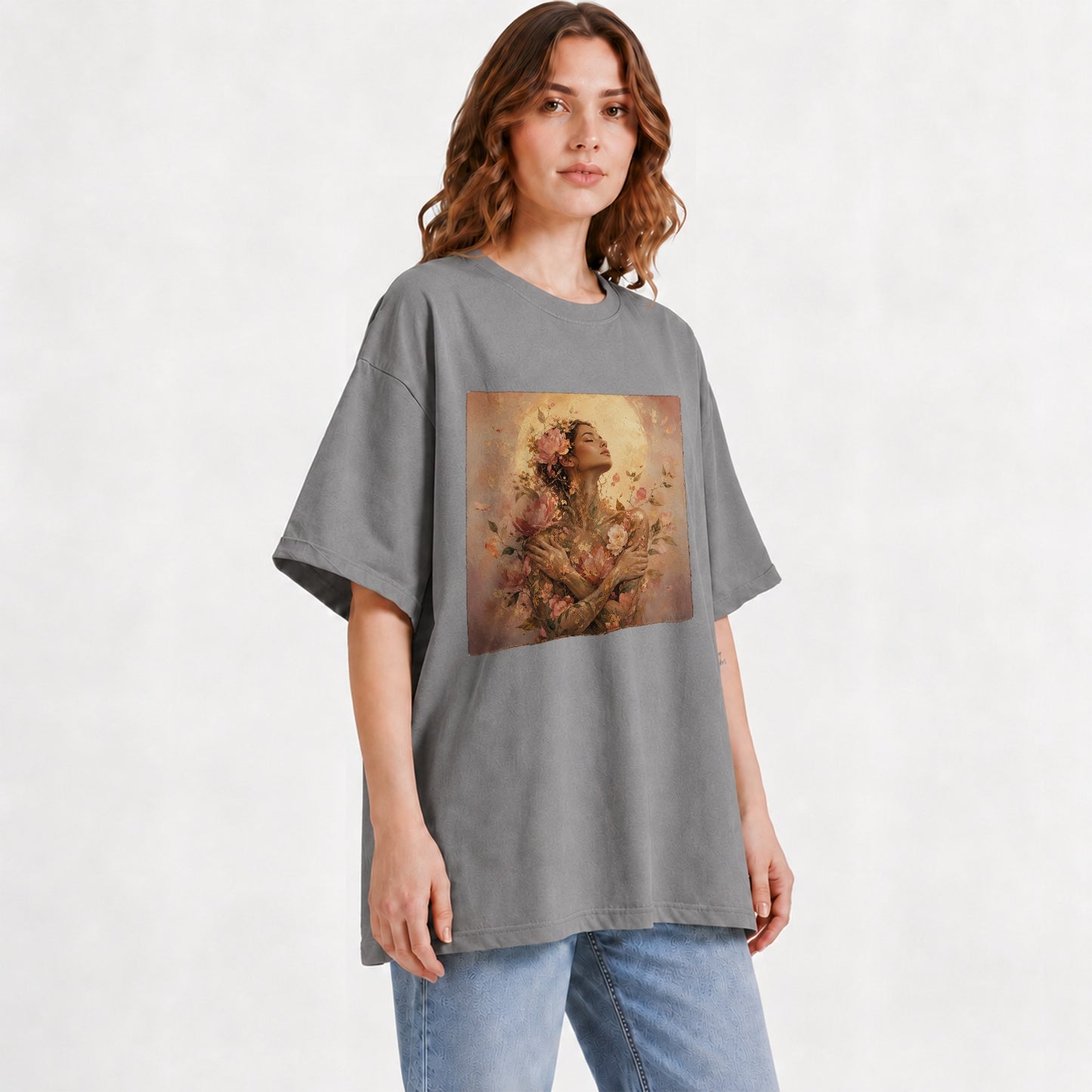 #pl[Gray] Floral Woman Graphic T-Shirt, Self Embrace Botanical Portrait