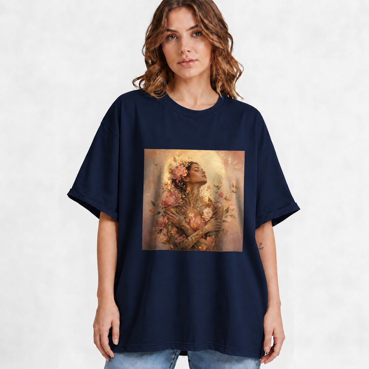 #pl[Navy] Floral Woman Graphic T-Shirt, Self Embrace Botanical Portrait