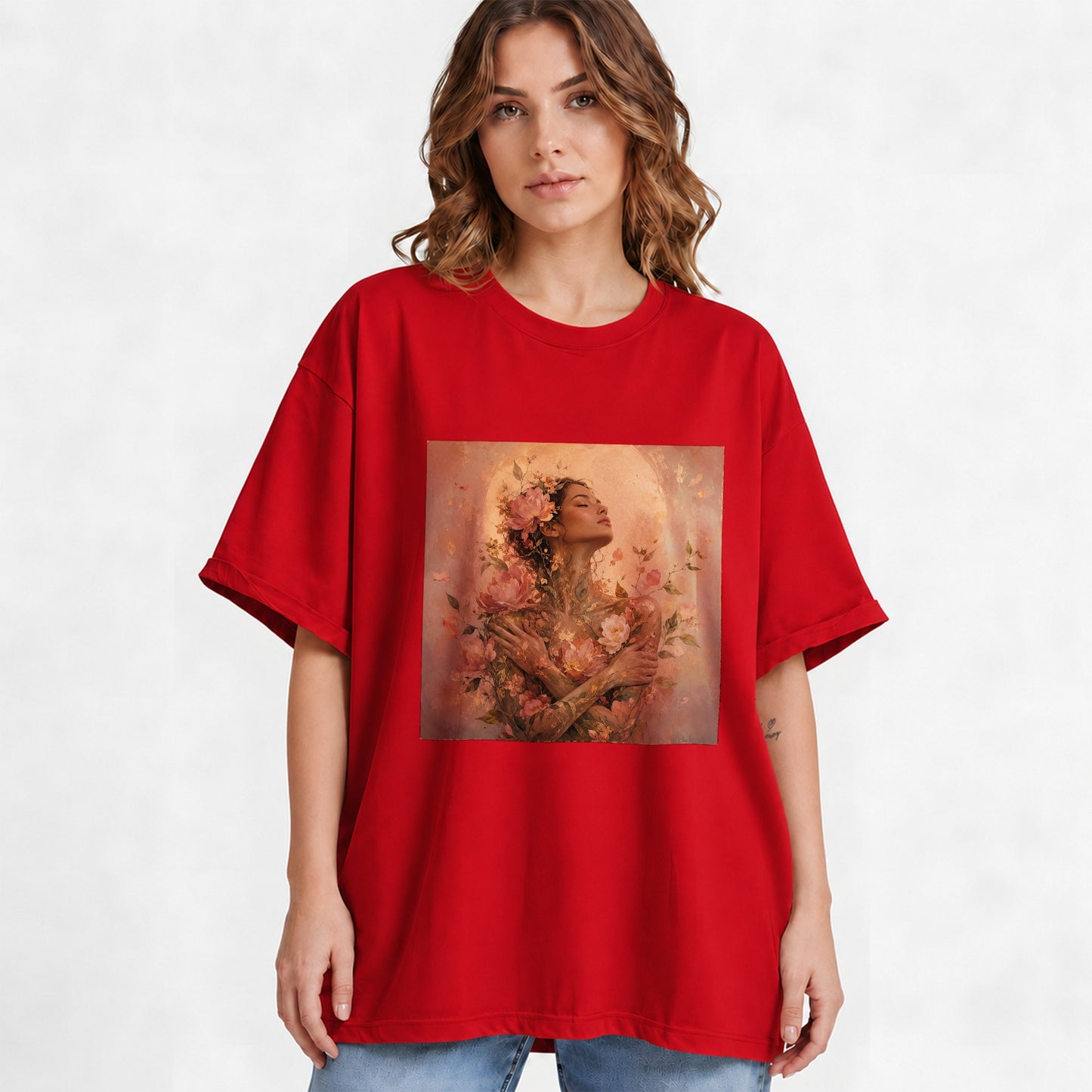 #pl[Red] Floral Woman Graphic T-Shirt, Self Embrace Botanical Portrait
