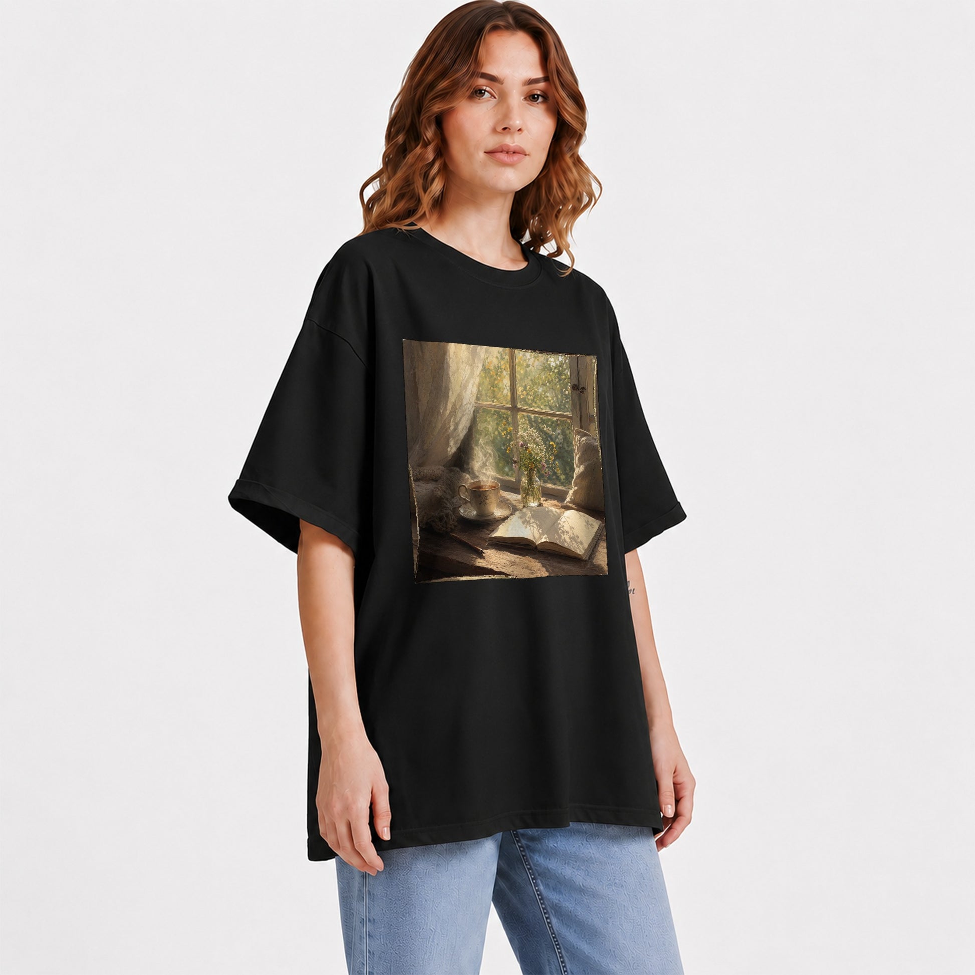 #pl[Black] Cozy Reading Nook Graphic T-Shirt, Book and Tea Illustration