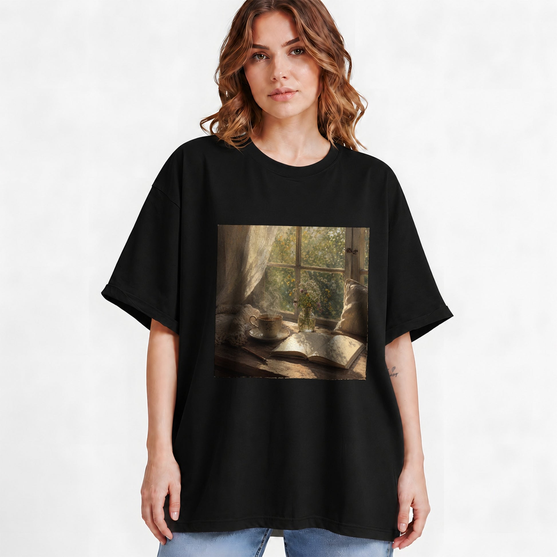 #pl[Black] Cozy Reading Nook Graphic T-Shirt, Book and Tea Illustration