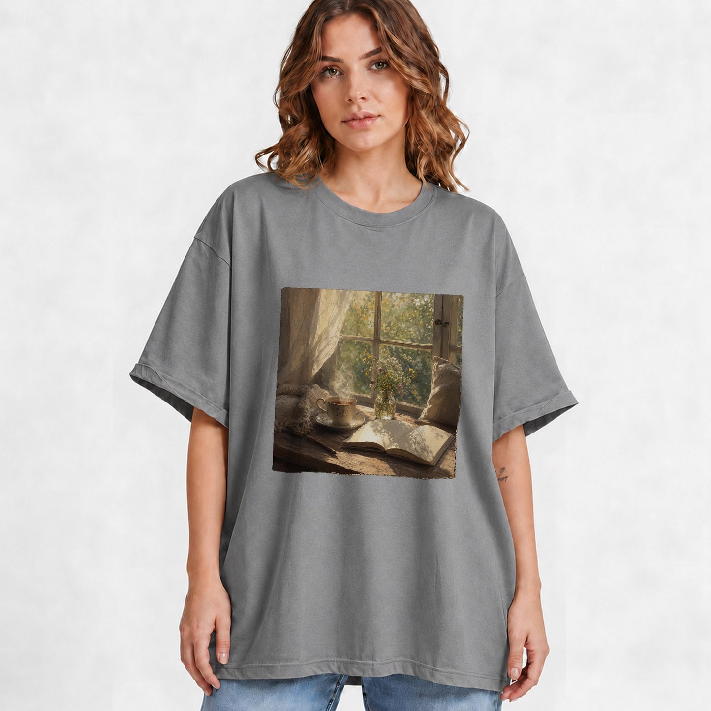 #pl[Gray] Cozy Reading Nook Graphic T-Shirt, Book and Tea Illustration