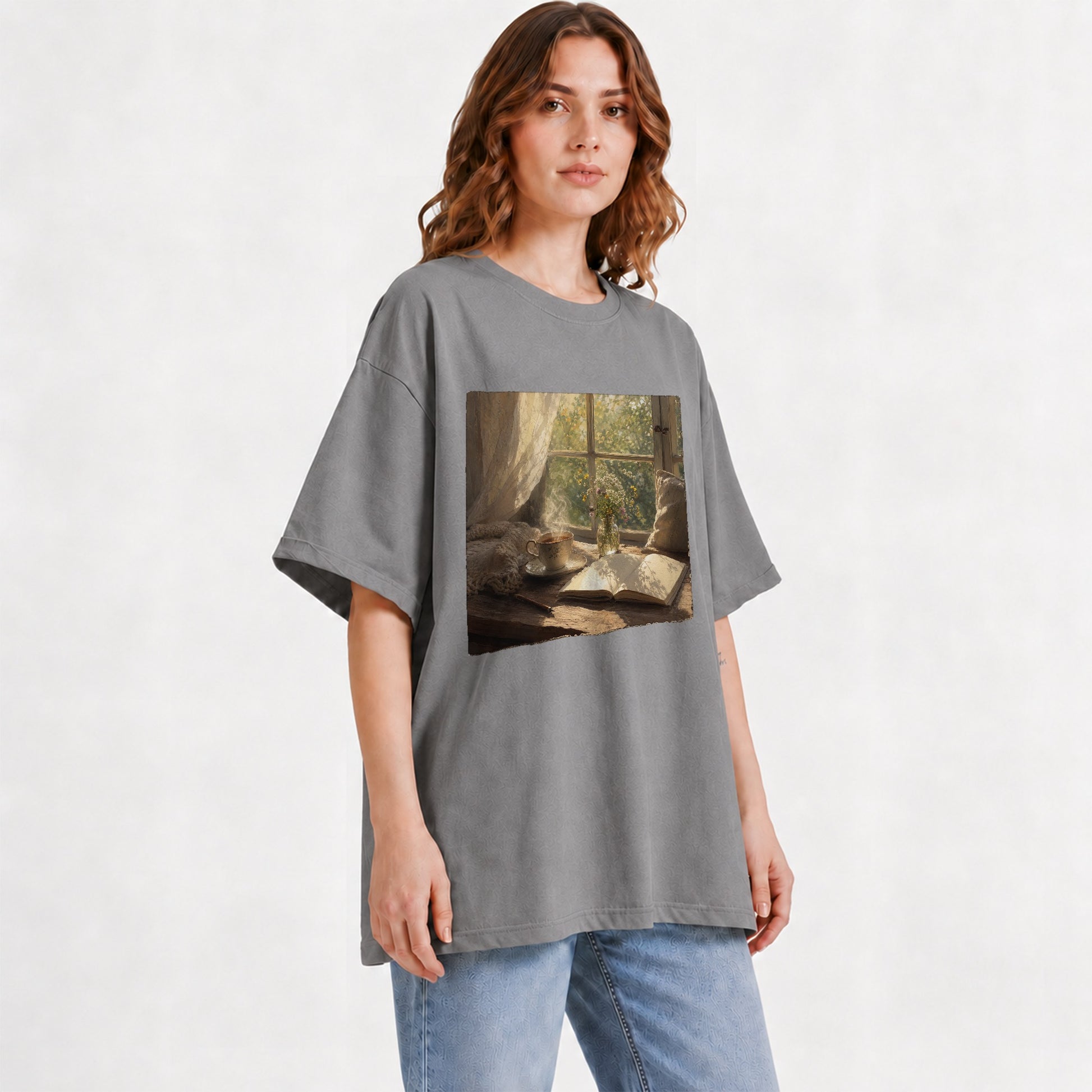 #pl[Gray] Cozy Reading Nook Graphic T-Shirt, Book and Tea Illustration