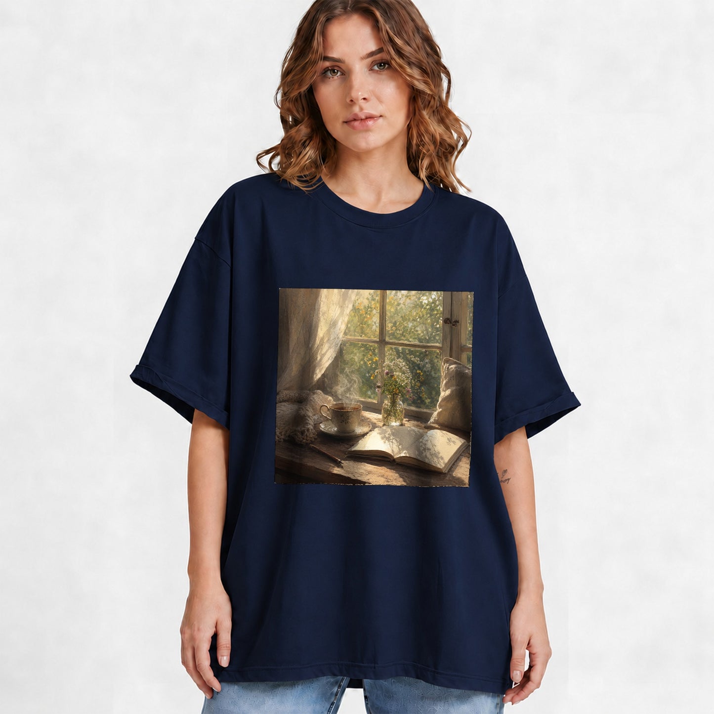 #pl[Navy] Cozy Reading Nook Graphic T-Shirt, Book and Tea Illustration