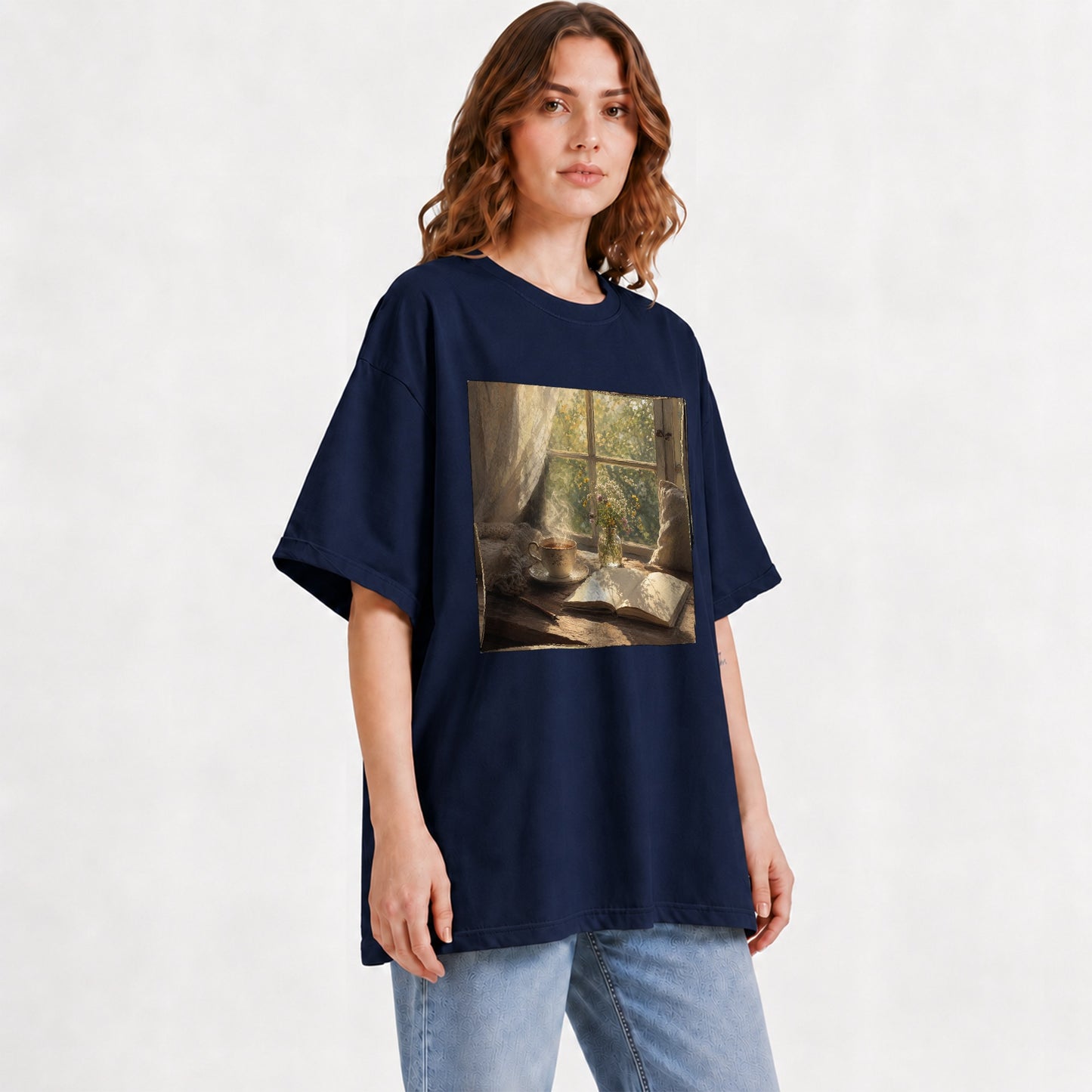 #pl[Navy] Cozy Reading Nook Graphic T-Shirt, Book and Tea Illustration