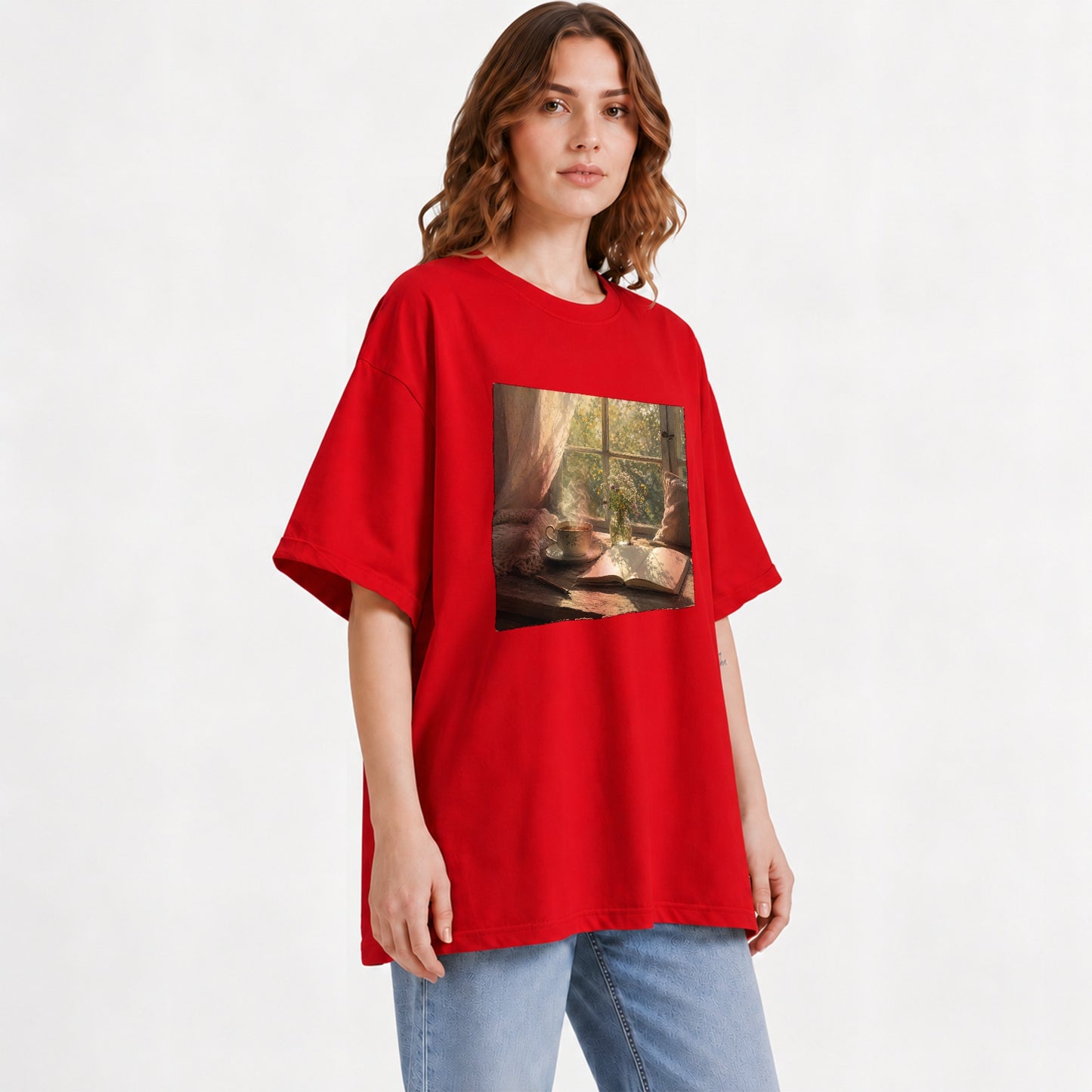 #pl[Red] Cozy Reading Nook Graphic T-Shirt, Book and Tea Illustration