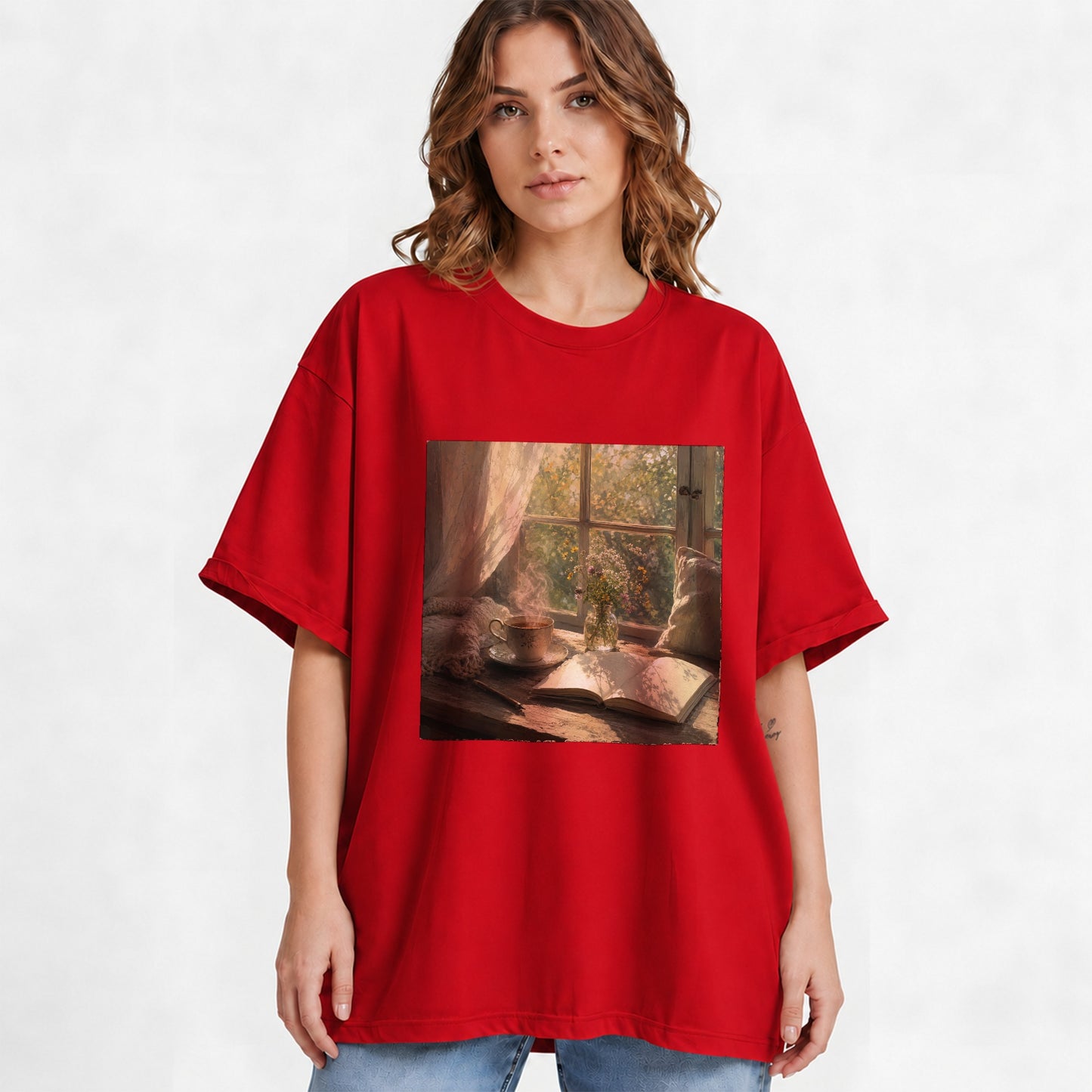 #pl[Red] Cozy Reading Nook Graphic T-Shirt, Book and Tea Illustration