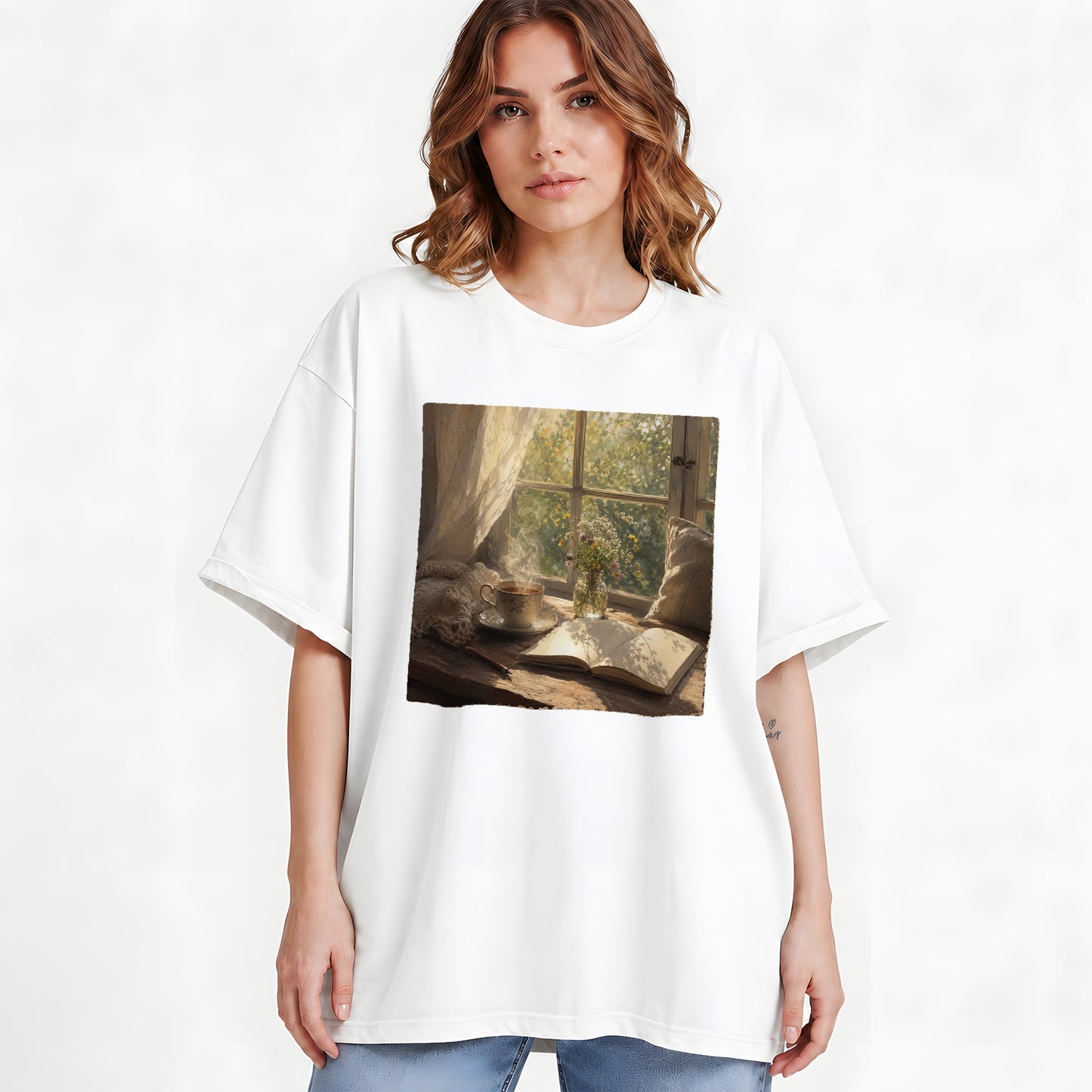 #pl[White] Cozy Reading Nook Graphic T-Shirt, Book and Tea Illustration