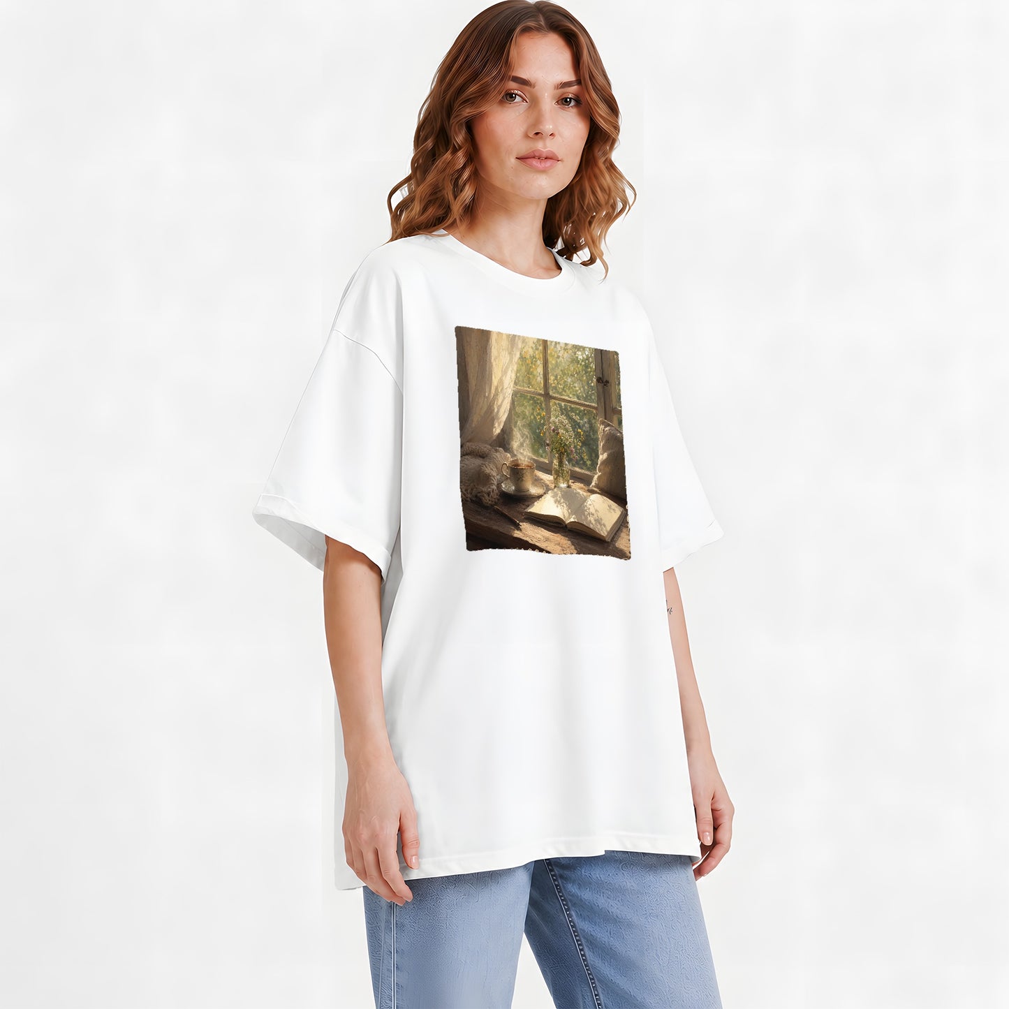 #pl[White] Cozy Reading Nook Graphic T-Shirt, Book and Tea Illustration