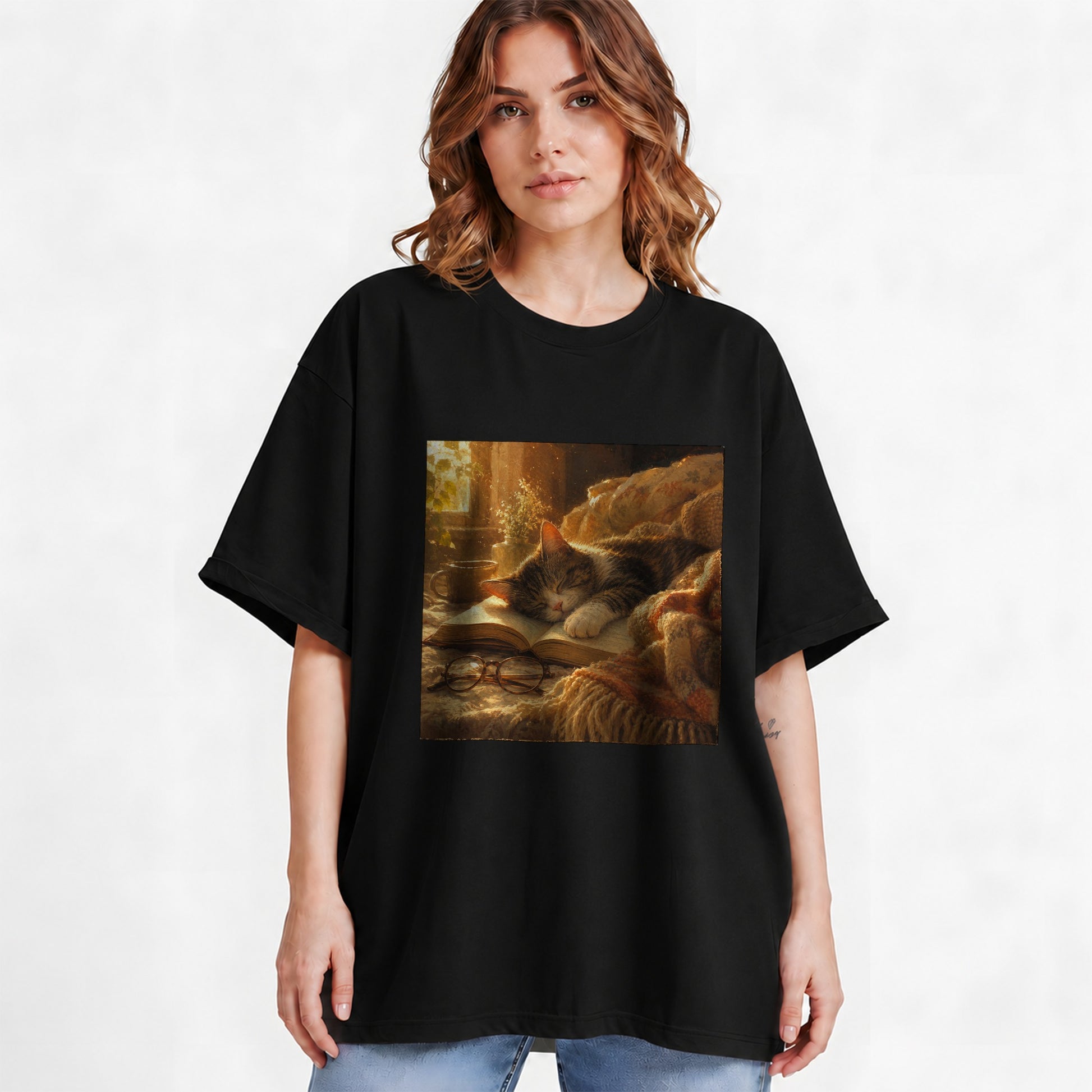 #pl[Black] Sleeping Cat Book Graphic T-Shirt, Cozy Reading Pet Design