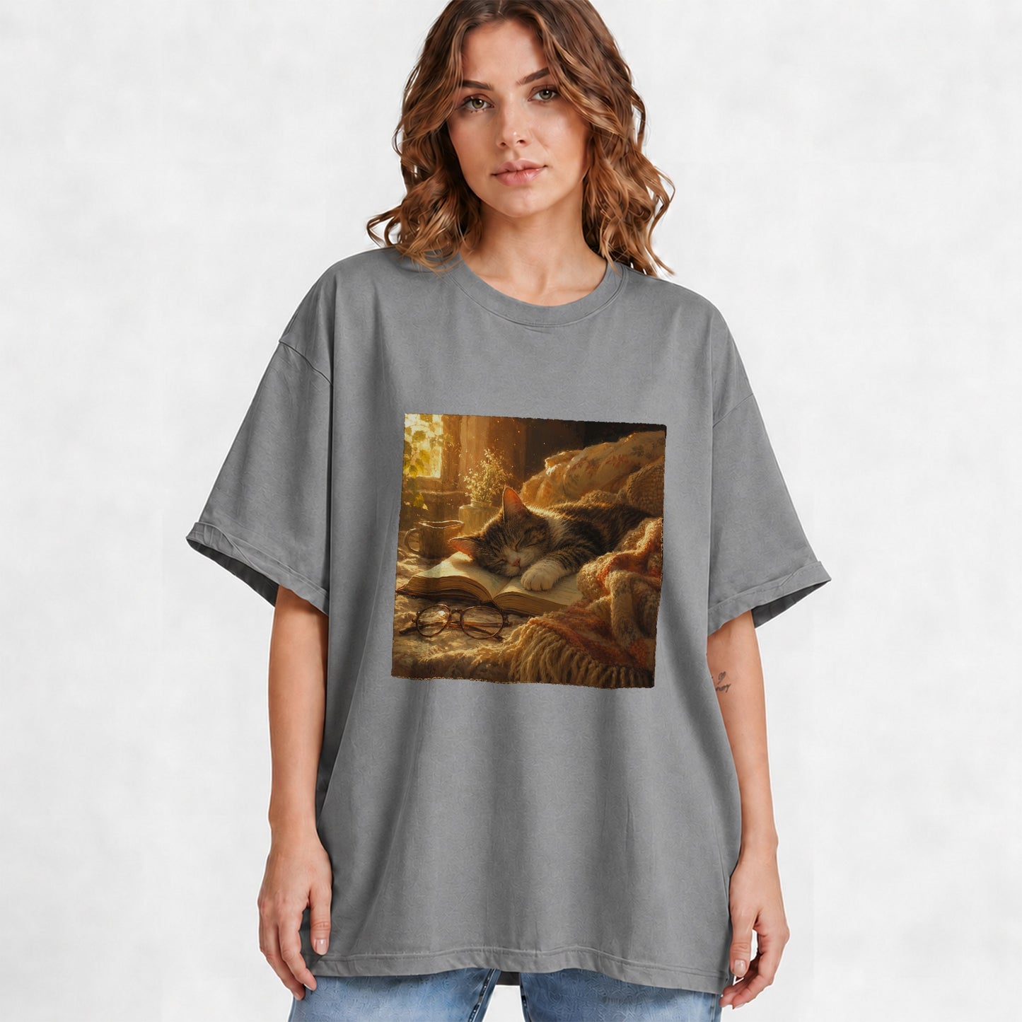 #pl[Gray] Sleeping Cat Book Graphic T-Shirt, Cozy Reading Pet Design