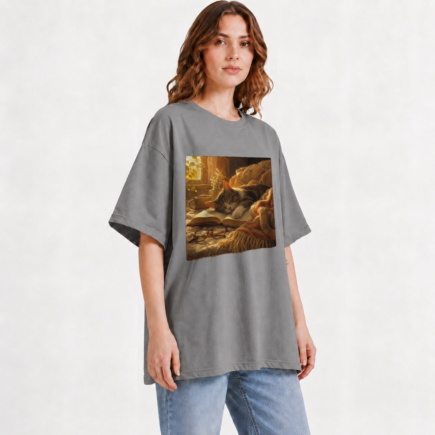 #pl[Gray] Sleeping Cat Book Graphic T-Shirt, Cozy Reading Pet Design
