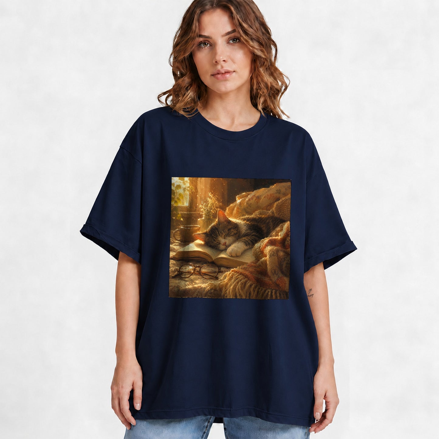 #pl[Navy] Sleeping Cat Book Graphic T-Shirt, Cozy Reading Pet Design