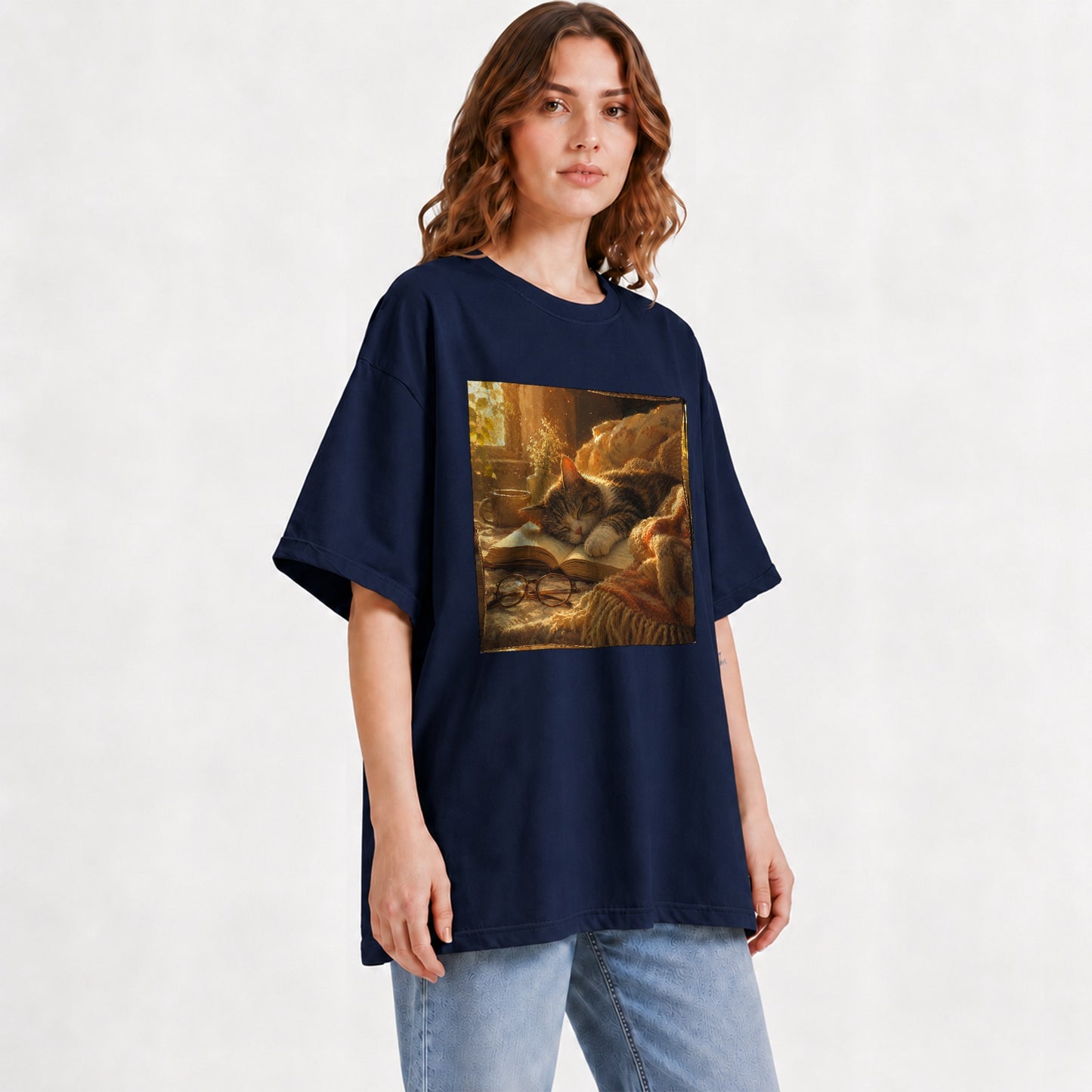 #pl[Navy] Sleeping Cat Book Graphic T-Shirt, Cozy Reading Pet Design