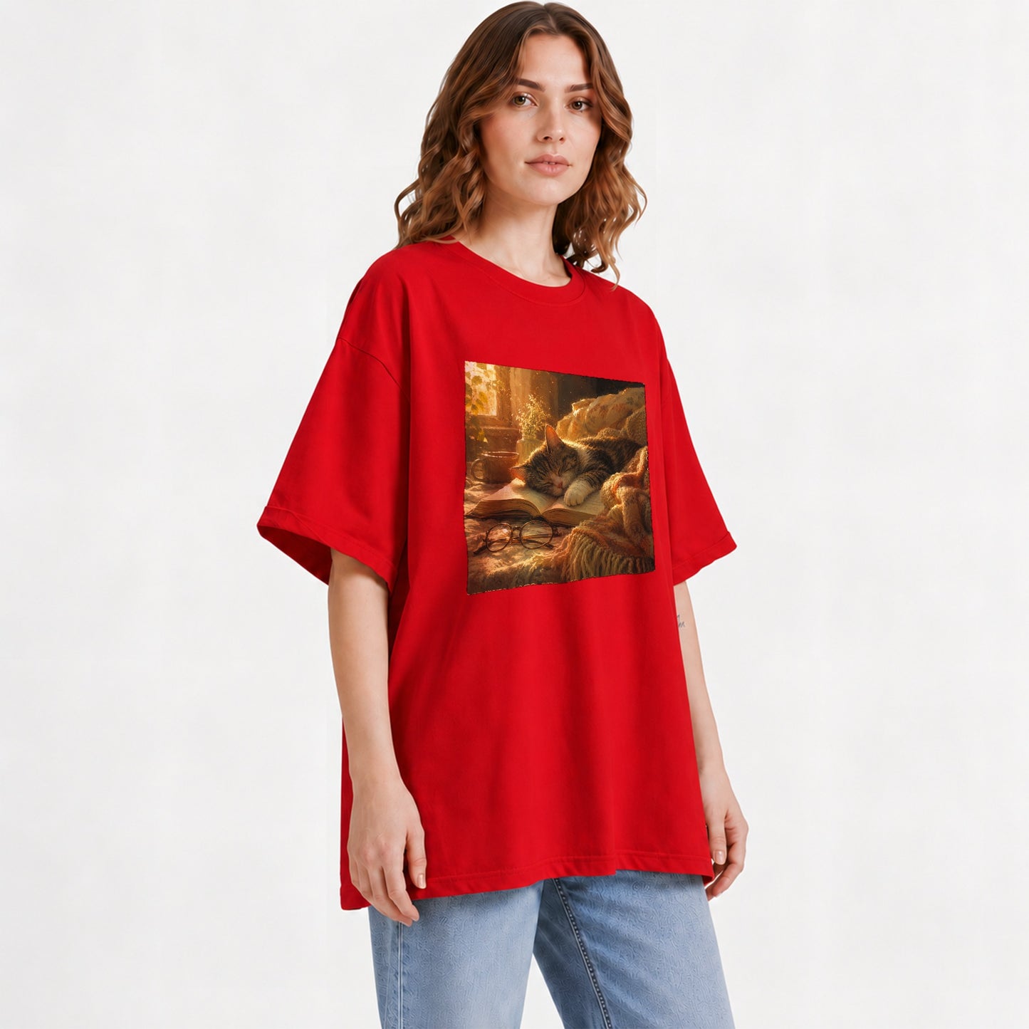 #pl[Red] Sleeping Cat Book Graphic T-Shirt, Cozy Reading Pet Design