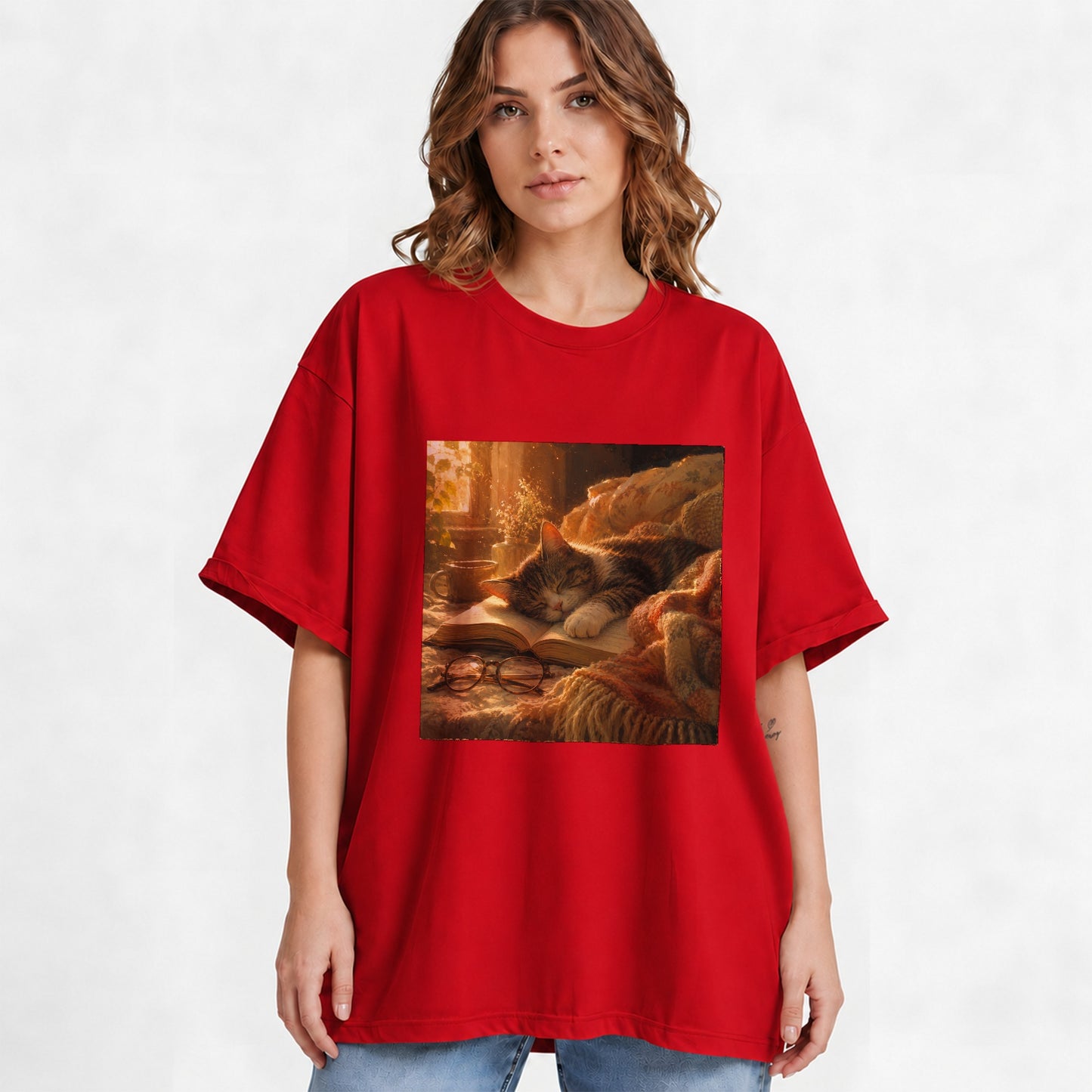 #pl[Red] Sleeping Cat Book Graphic T-Shirt, Cozy Reading Pet Design