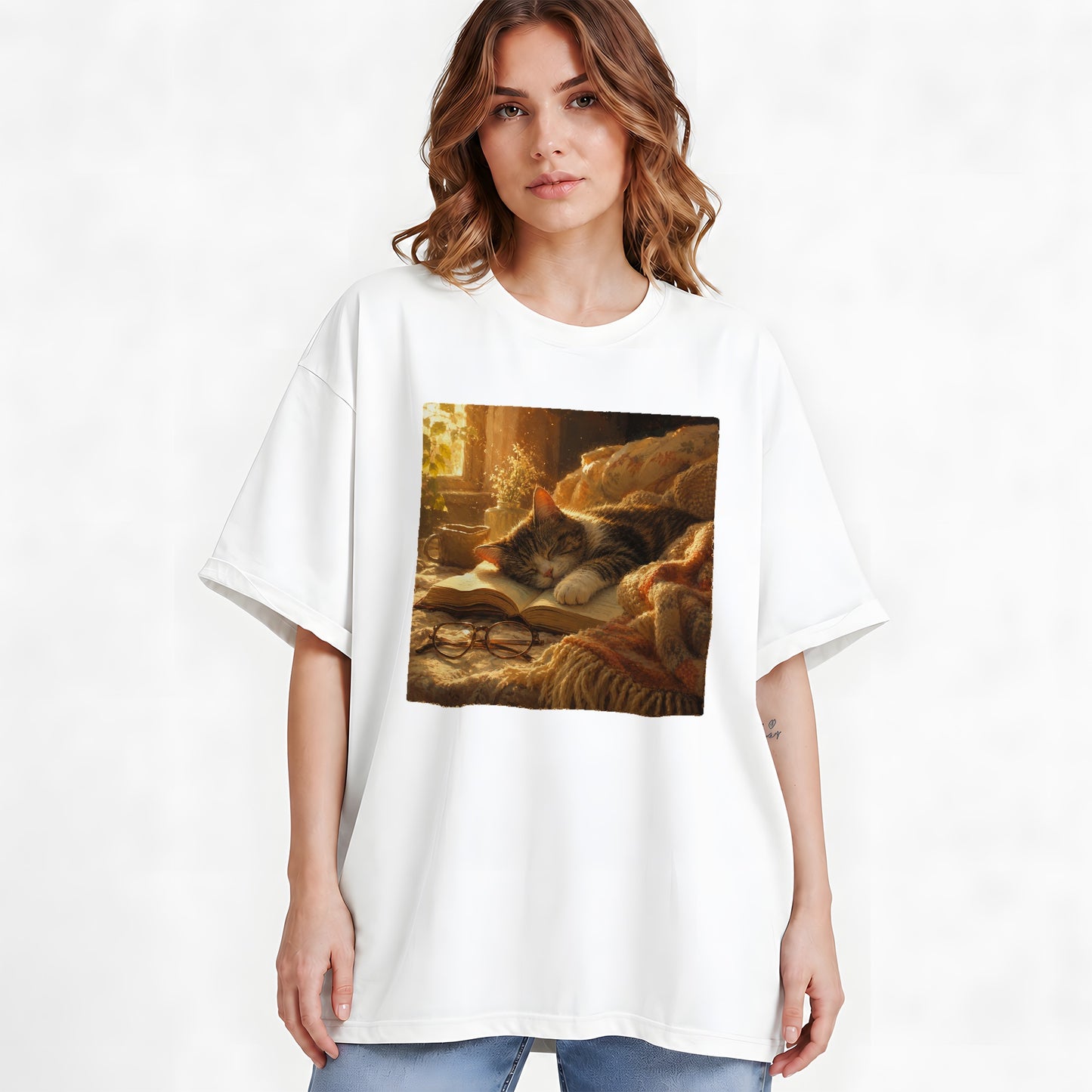 #pl[White] Sleeping Cat Book Graphic T-Shirt, Cozy Reading Pet Design