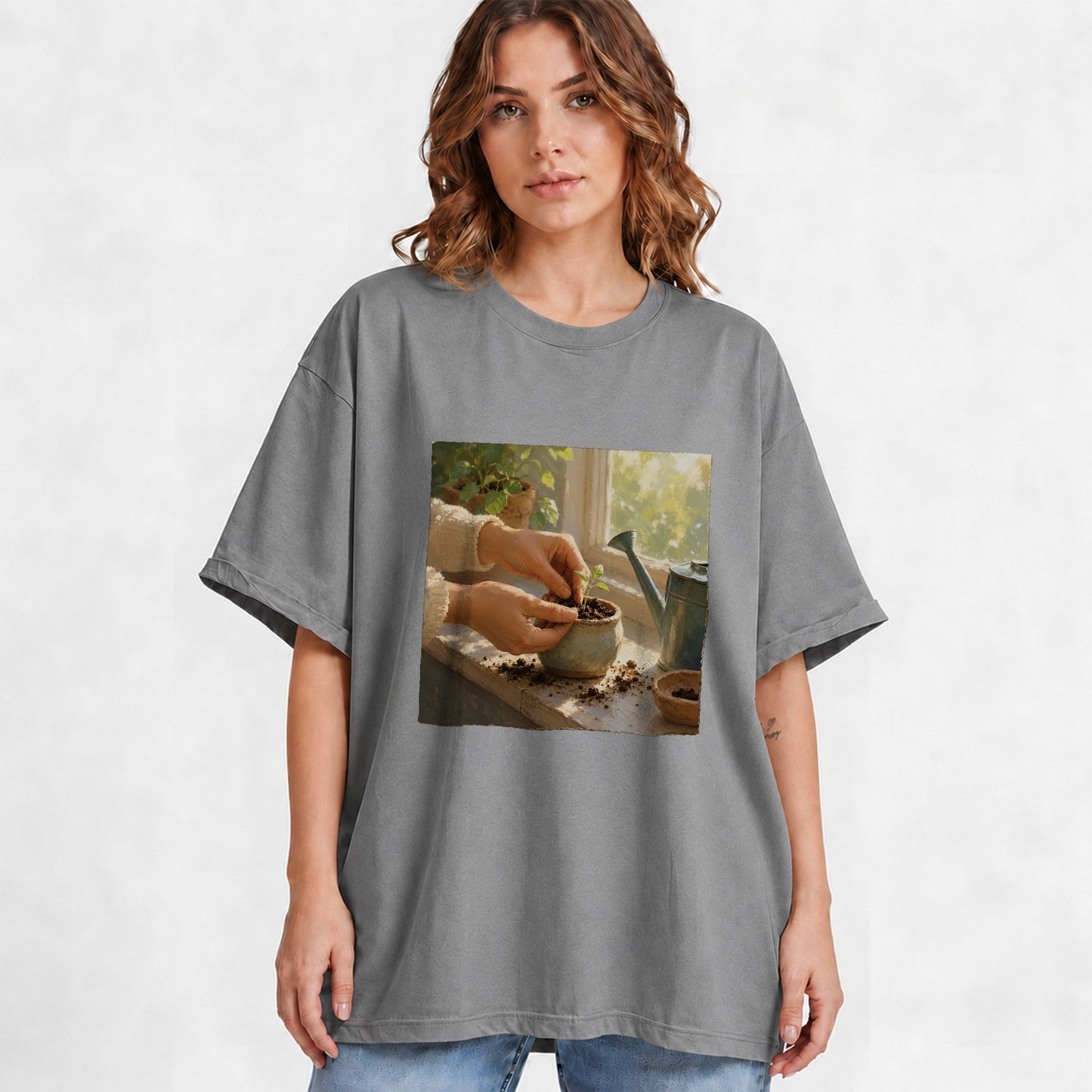 #pl[Gray] Planting Seedling Graphic T-Shirt, Gardening Growth Illustration