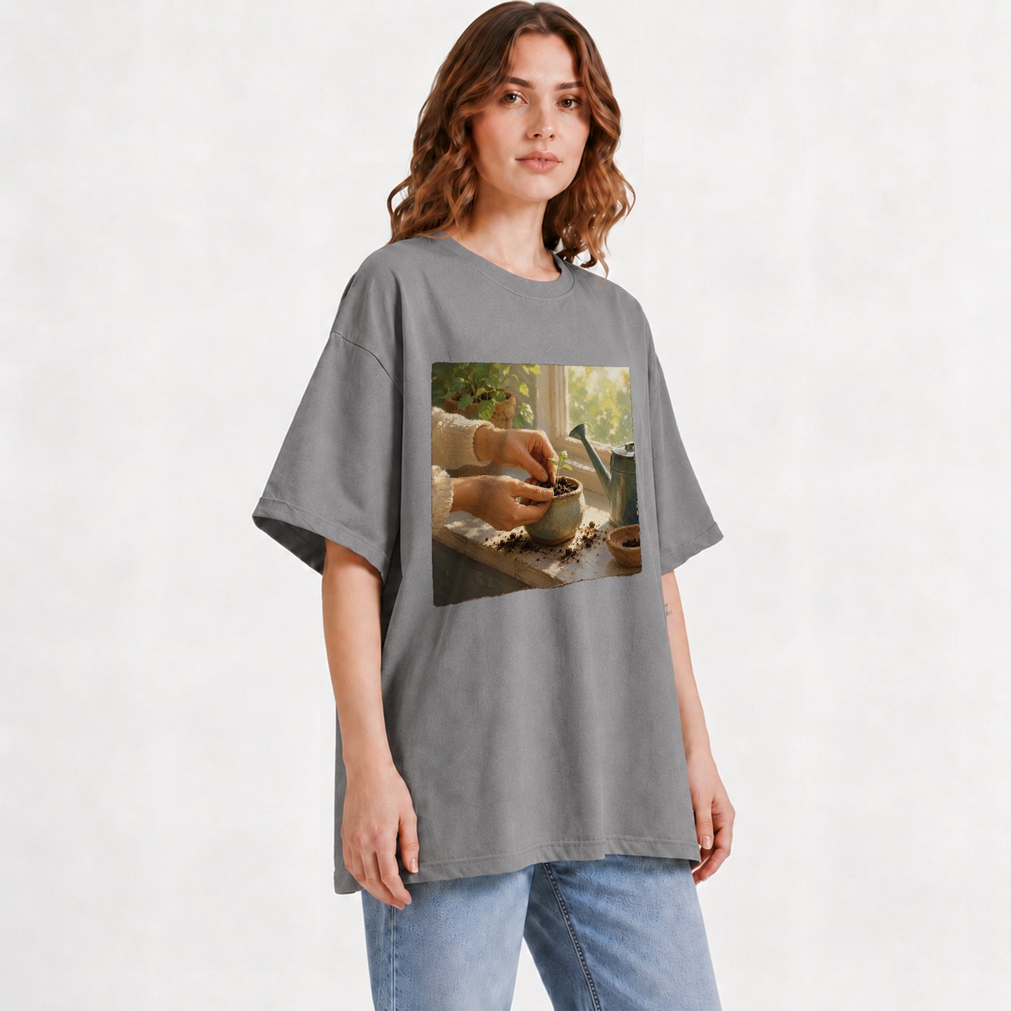 #pl[Gray] Planting Seedling Graphic T-Shirt, Gardening Growth Illustration