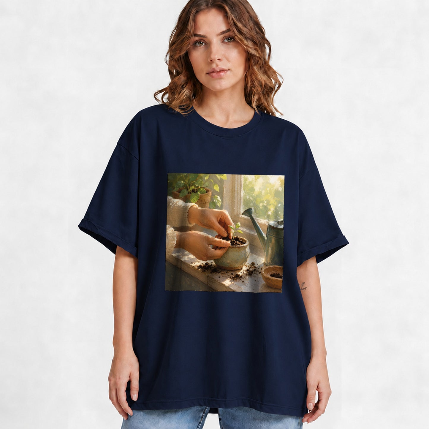 #pl[Navy] Planting Seedling Graphic T-Shirt, Gardening Growth Illustration