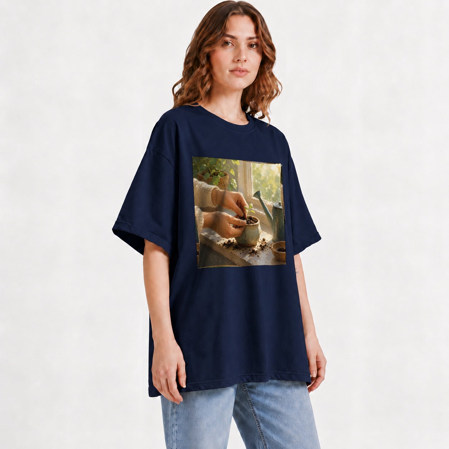 #pl[Navy] Planting Seedling Graphic T-Shirt, Gardening Growth Illustration