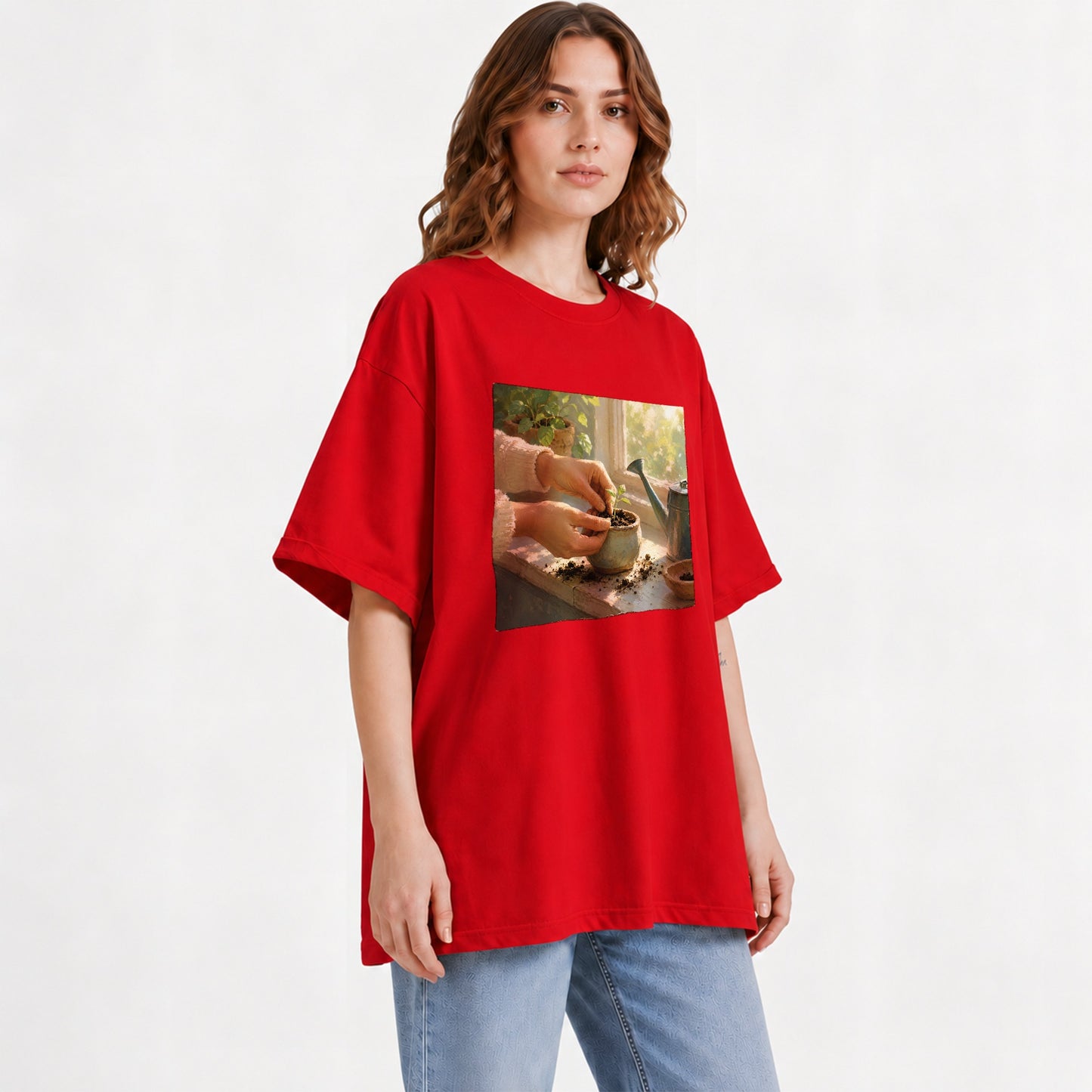 #pl[Red] Planting Seedling Graphic T-Shirt, Gardening Growth Illustration