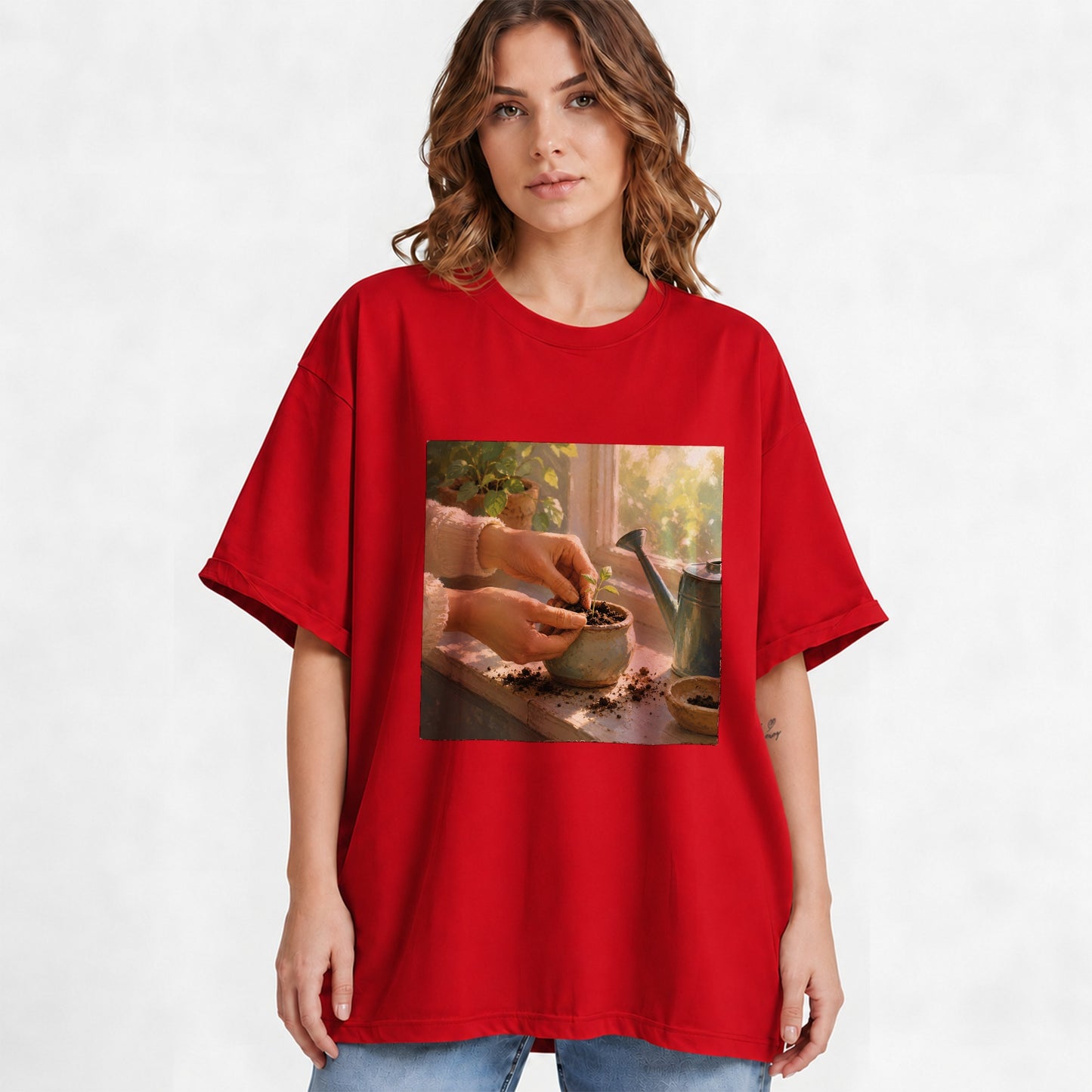 #pl[Red] Planting Seedling Graphic T-Shirt, Gardening Growth Illustration