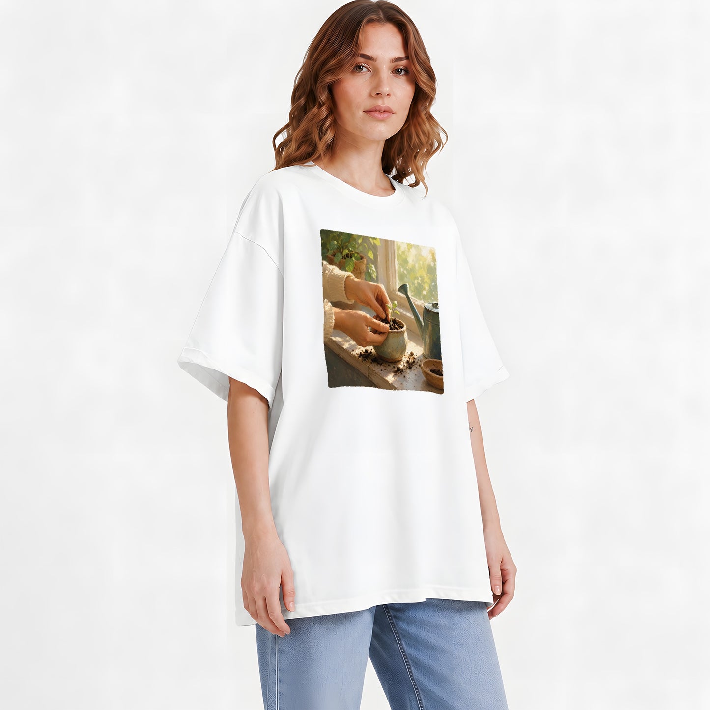 #pl[White] Planting Seedling Graphic T-Shirt, Gardening Growth Illustration