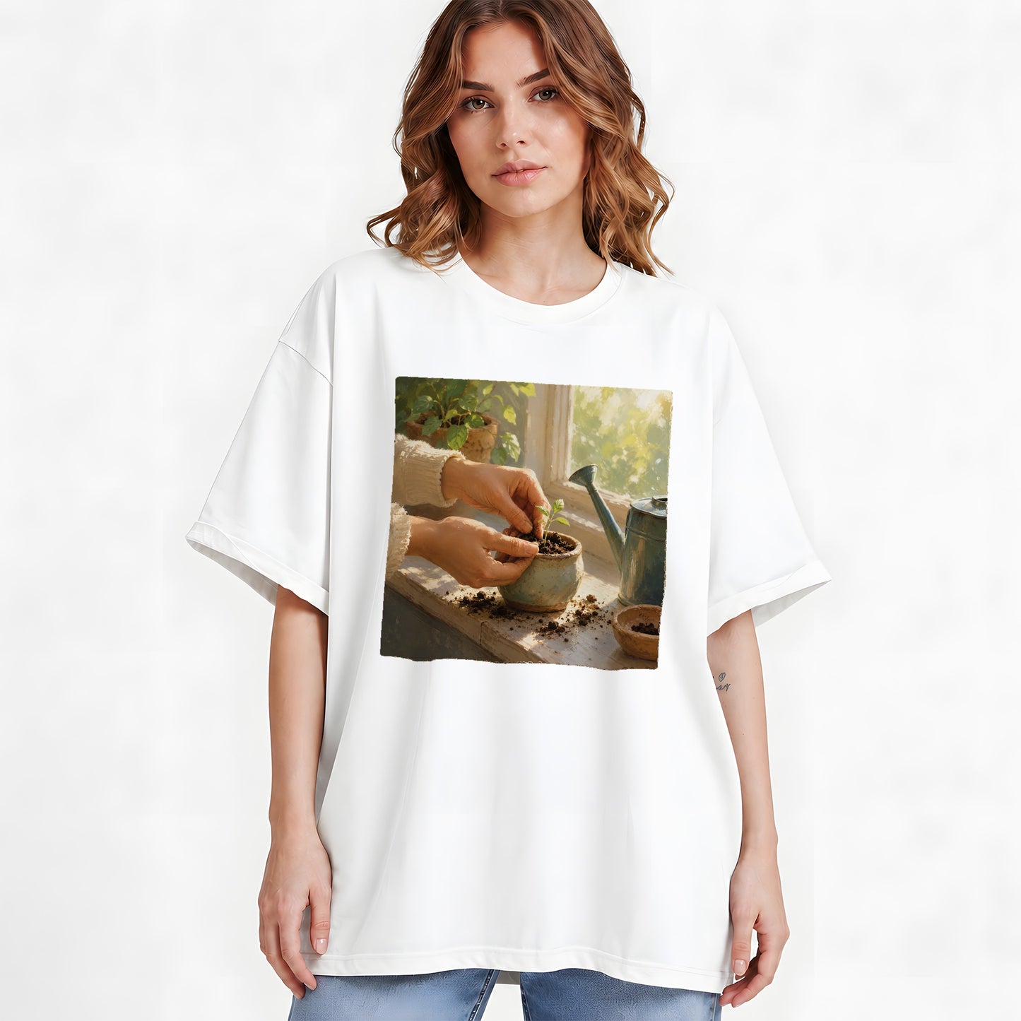 #pl[White] Planting Seedling Graphic T-Shirt, Gardening Growth Illustration