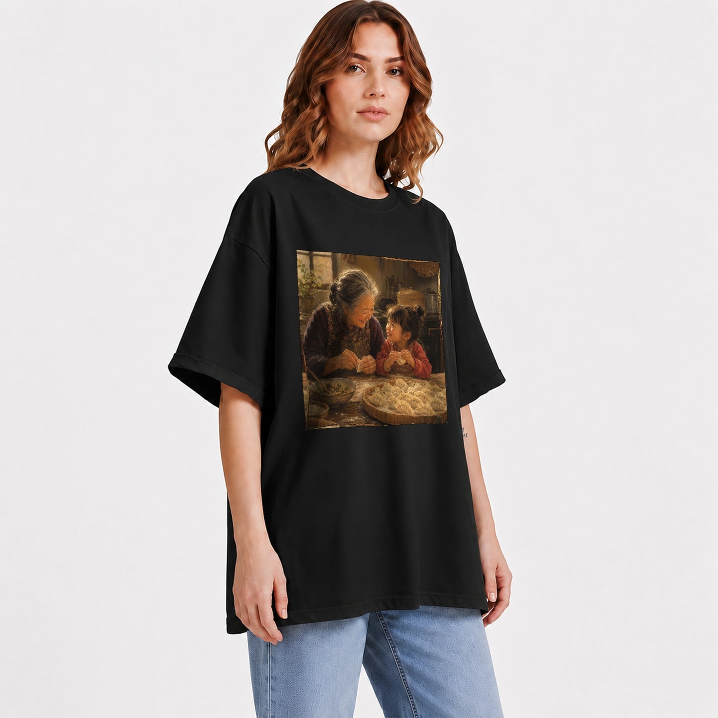 #pl[Black] Family Dumpling Making Graphic T-Shirt, Grandma and Child Art