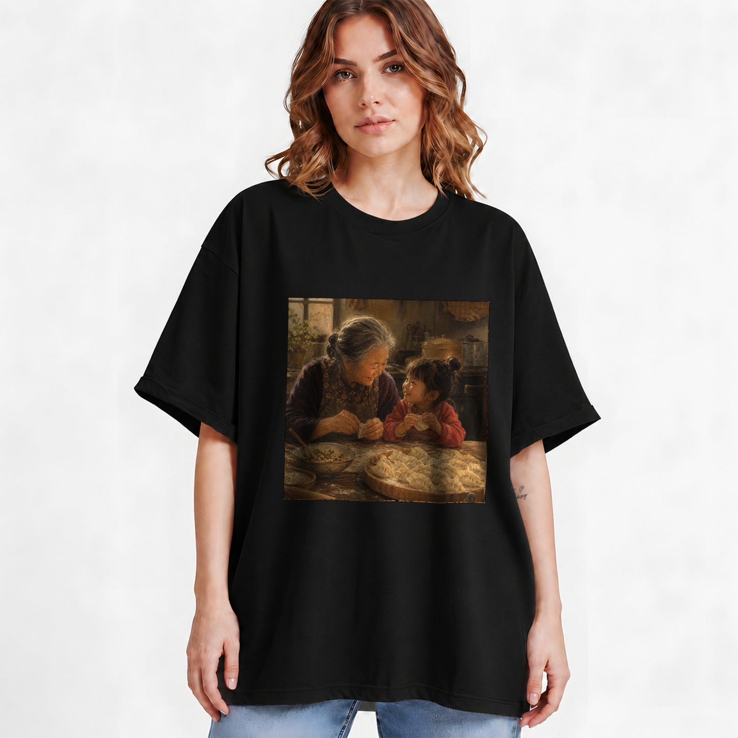 #pl[Black] Family Dumpling Making Graphic T-Shirt, Grandma and Child Art