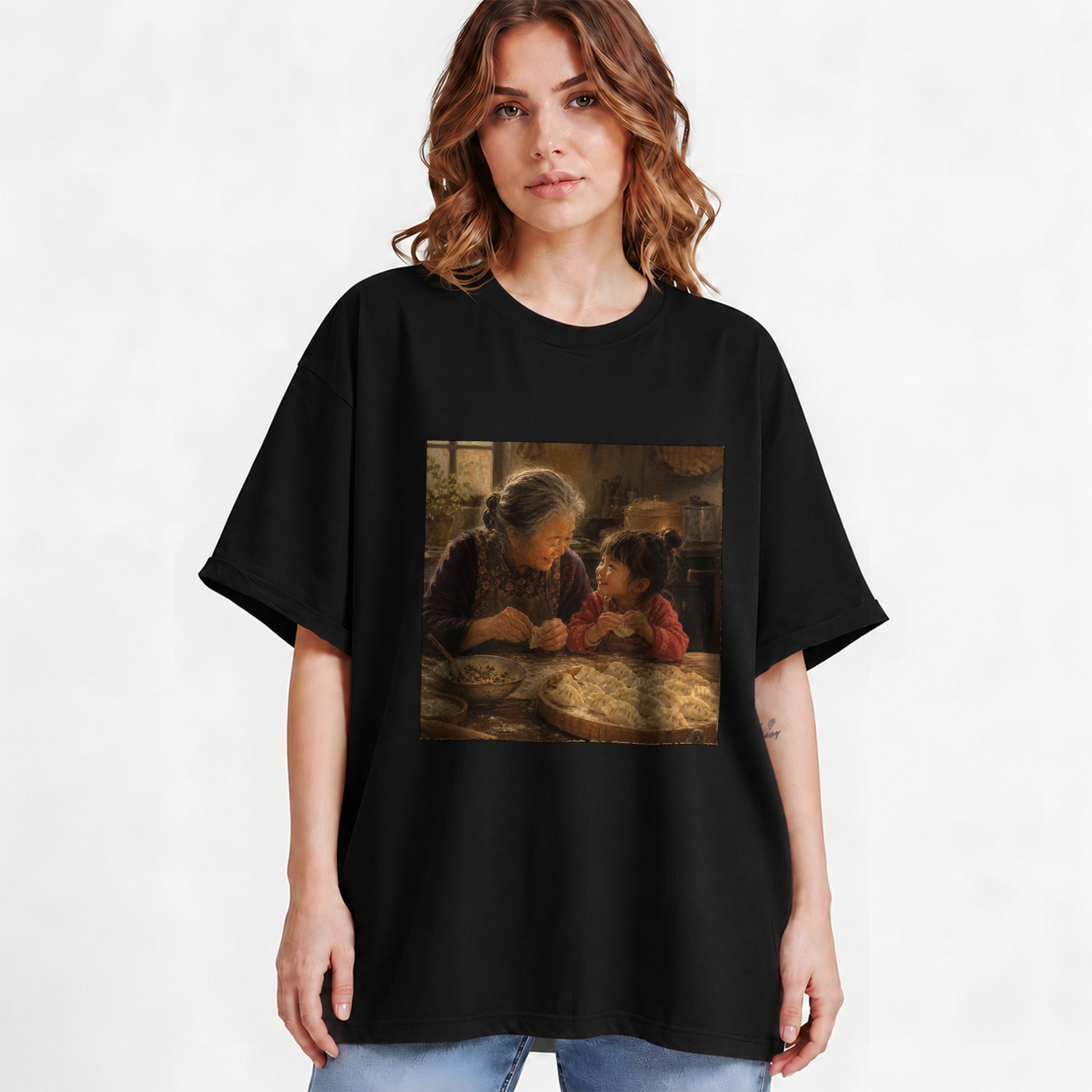 #pl[Black] Family Dumpling Making Graphic T-Shirt, Grandma and Child Art