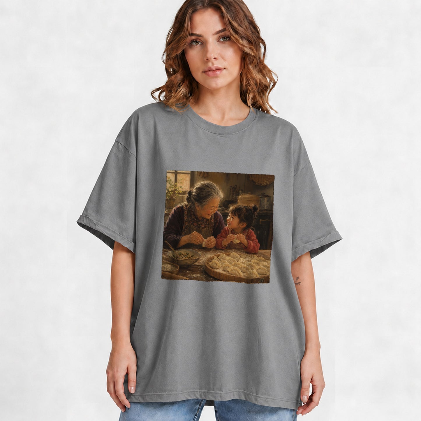 #pl[Gray] Family Dumpling Making Graphic T-Shirt, Grandma and Child Art