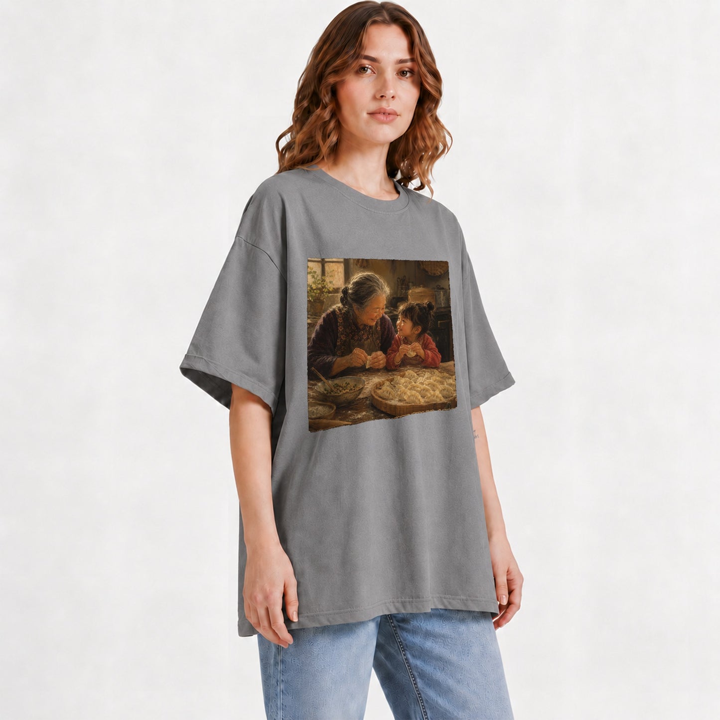 #pl[Gray] Family Dumpling Making Graphic T-Shirt, Grandma and Child Art