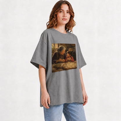 #pl[Gray] Family Dumpling Making Graphic T-Shirt, Grandma and Child Art