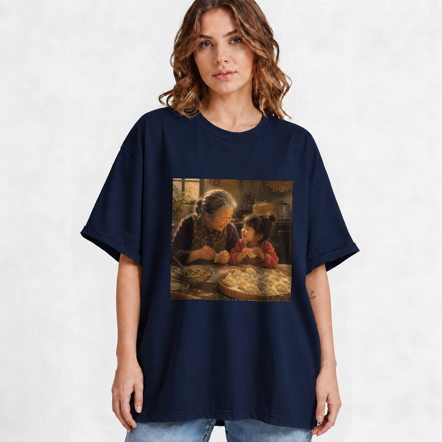 #pl[Navy] Family Dumpling Making Graphic T-Shirt, Grandma and Child Art