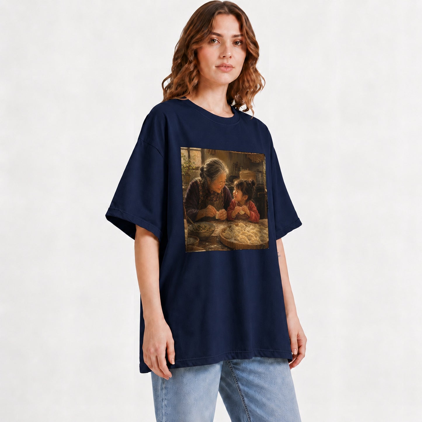 #pl[Navy] Family Dumpling Making Graphic T-Shirt, Grandma and Child Art