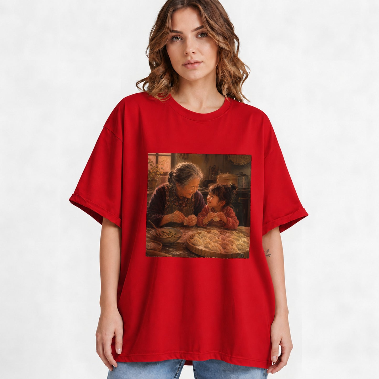 #pl[Red] Family Dumpling Making Graphic T-Shirt, Grandma and Child Art