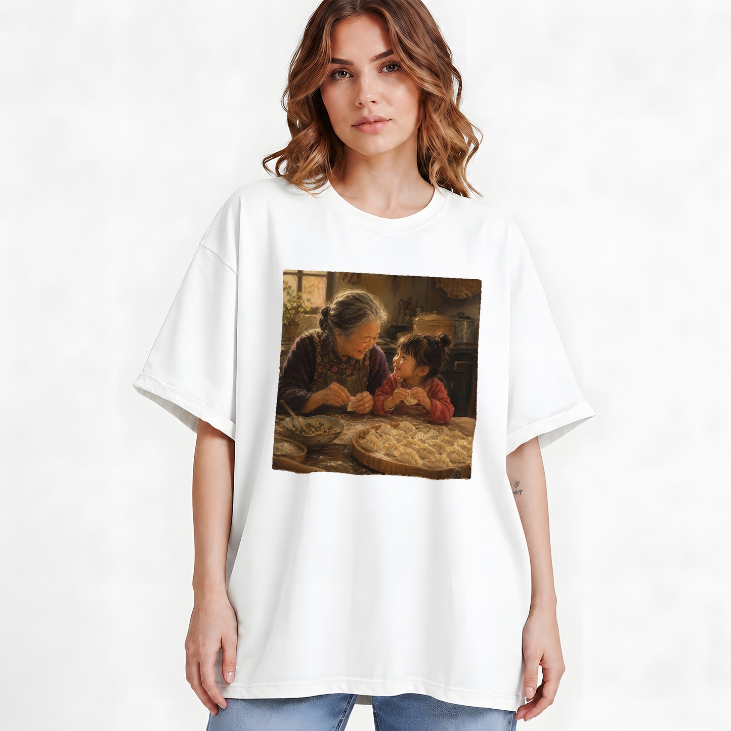 #pl[White] Family Dumpling Making Graphic T-Shirt, Grandma and Child Art