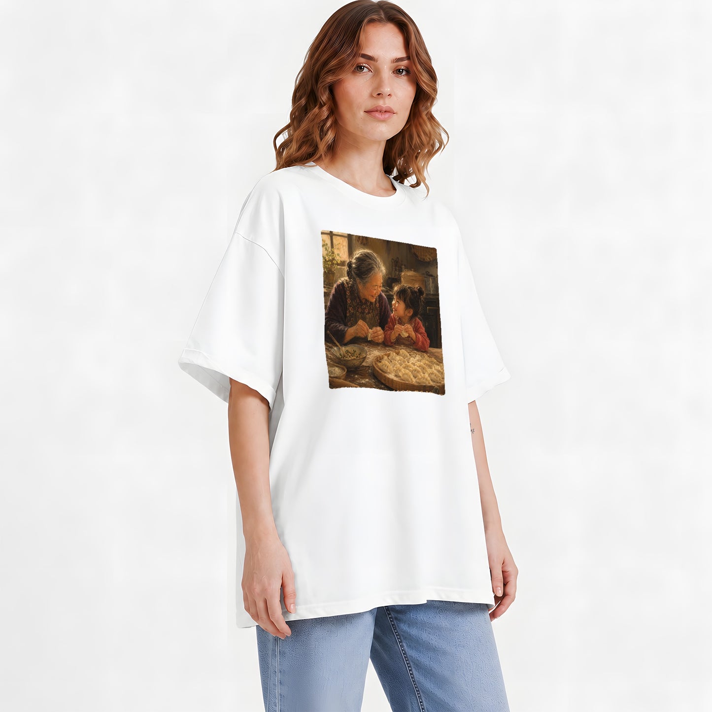 #pl[White] Family Dumpling Making Graphic T-Shirt, Grandma and Child Art