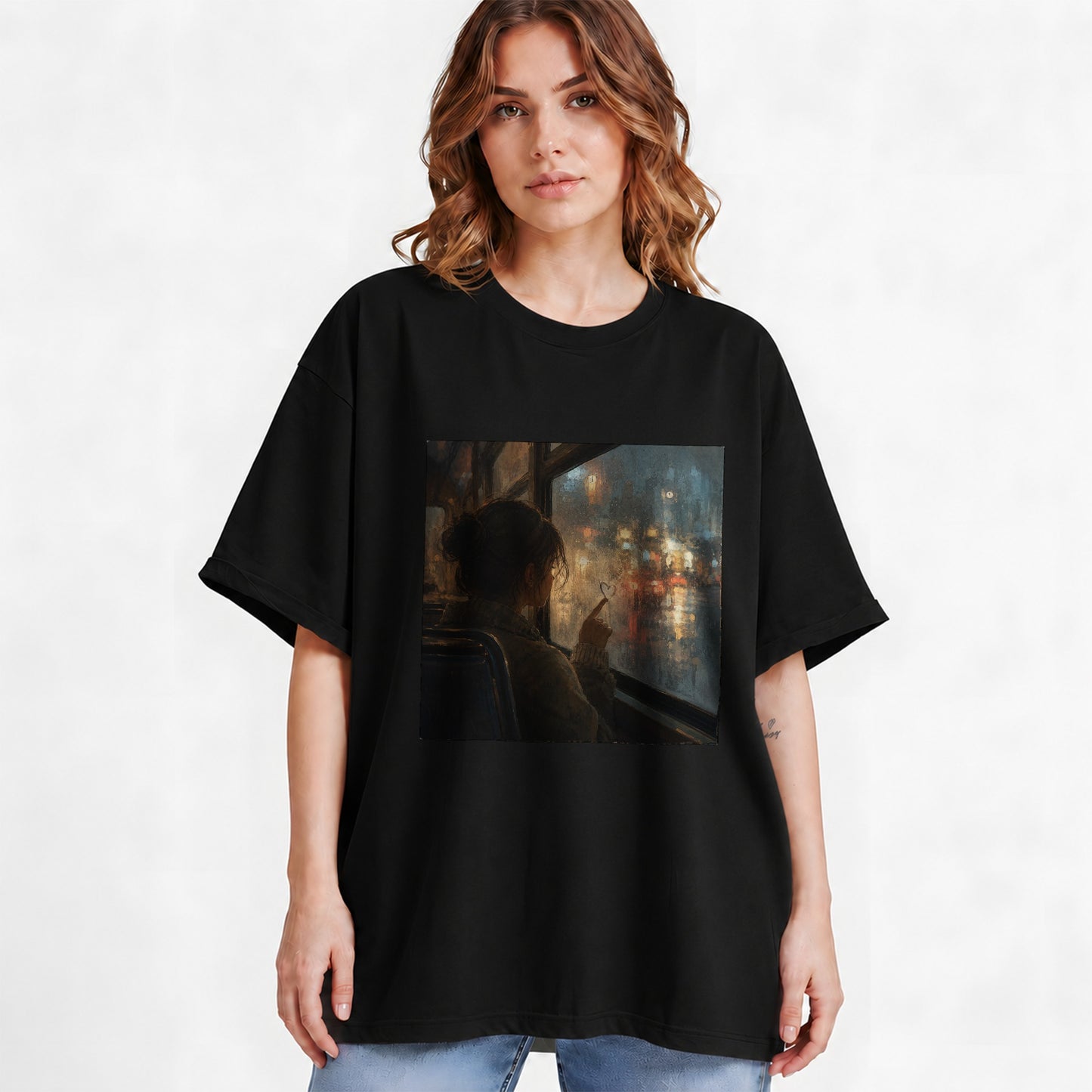#pl[Black] Rainy Window Heart Graphic T-Shirt, Rainy Night City Art