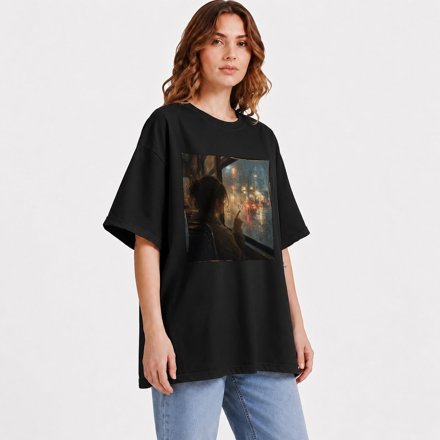 #pl[Black] Rainy Window Heart Graphic T-Shirt, Rainy Night City Art