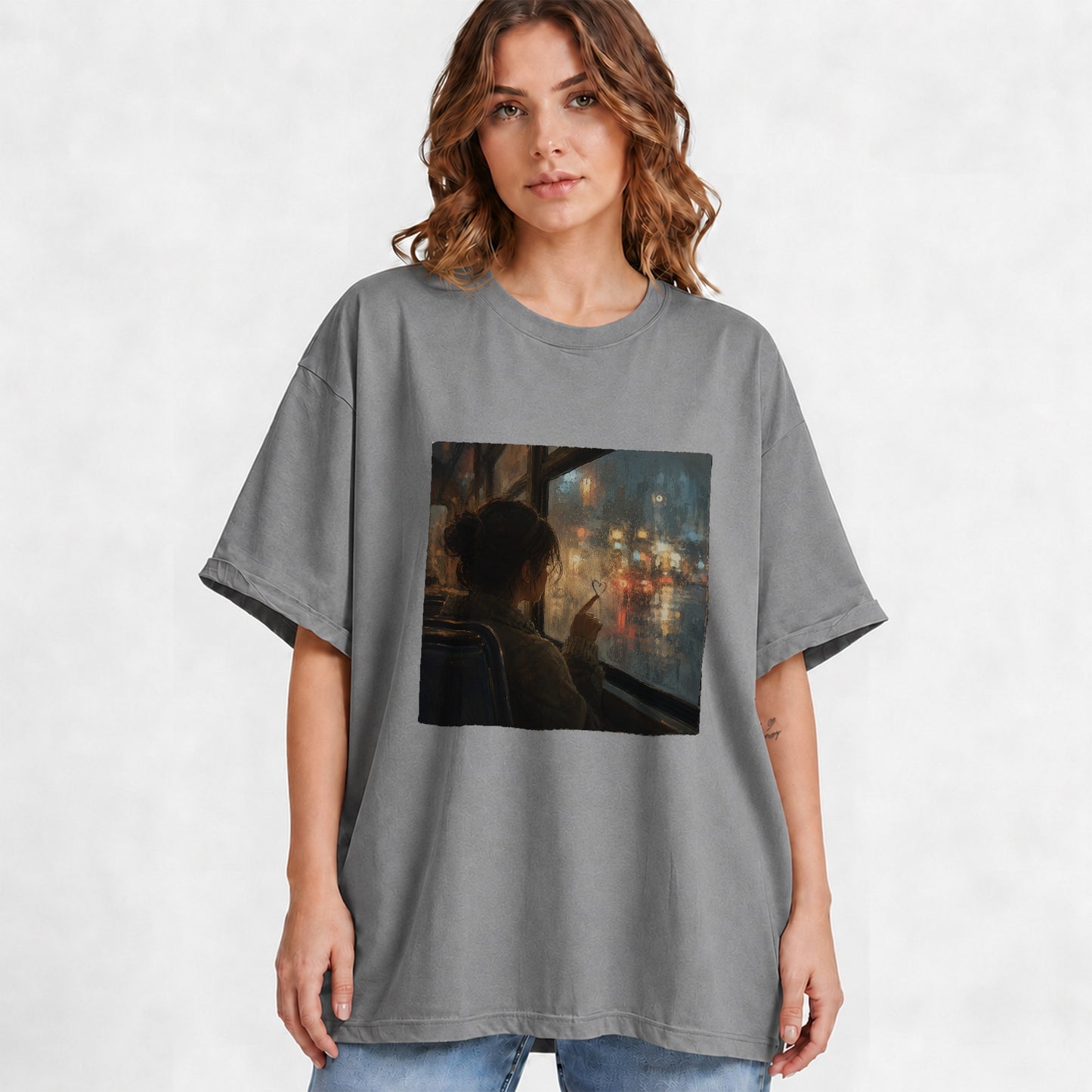 #pl[Gray] Rainy Window Heart Graphic T-Shirt, Rainy Night City Art