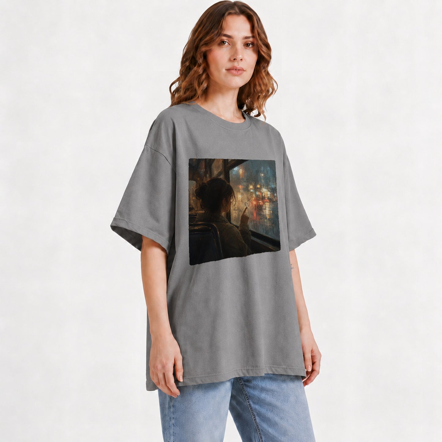 #pl[Gray] Rainy Window Heart Graphic T-Shirt, Rainy Night City Art