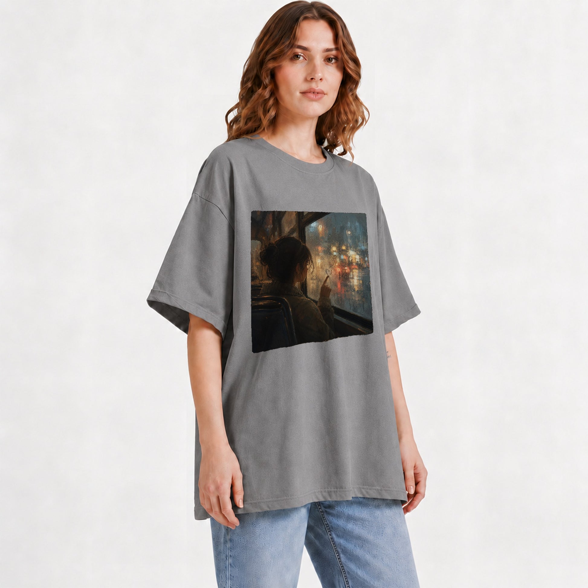 #pl[Gray] Rainy Window Heart Graphic T-Shirt, Rainy Night City Art