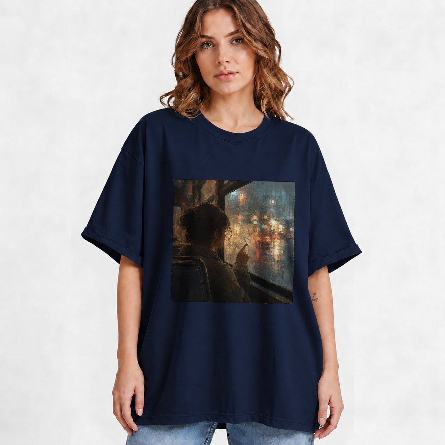 #pl[Navy] Rainy Window Heart Graphic T-Shirt, Rainy Night City Art