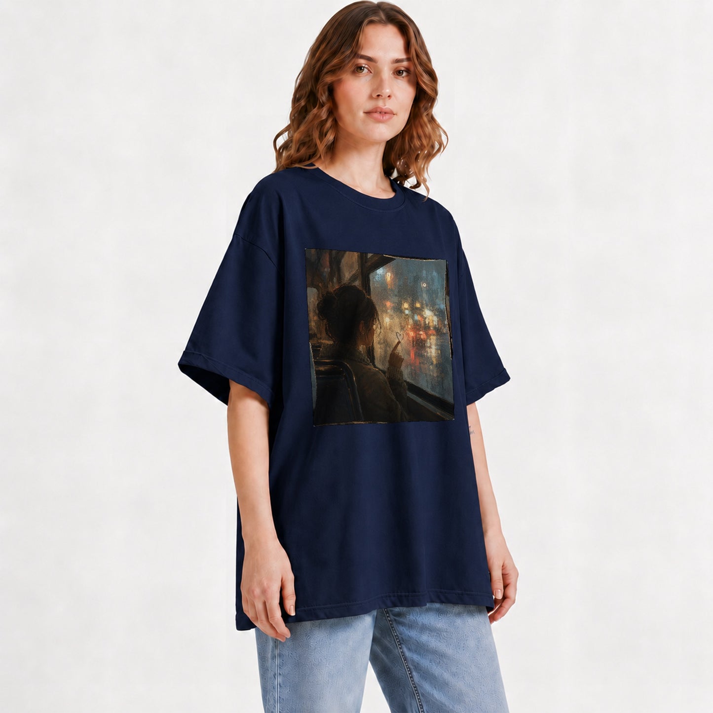 #pl[Navy] Rainy Window Heart Graphic T-Shirt, Rainy Night City Art