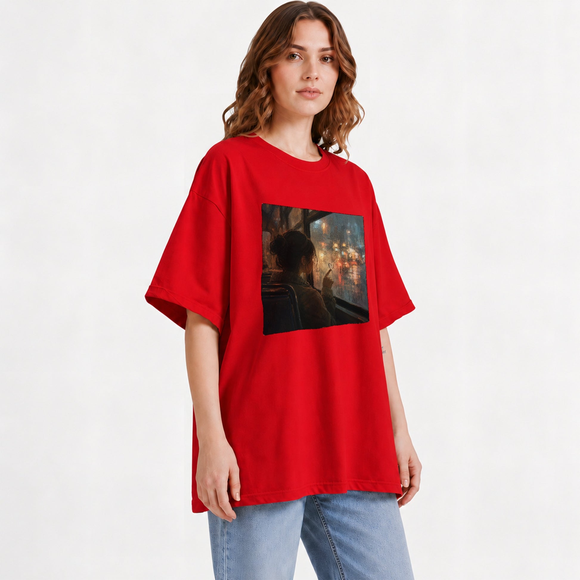 #pl[Red] Rainy Window Heart Graphic T-Shirt, Rainy Night City Art
