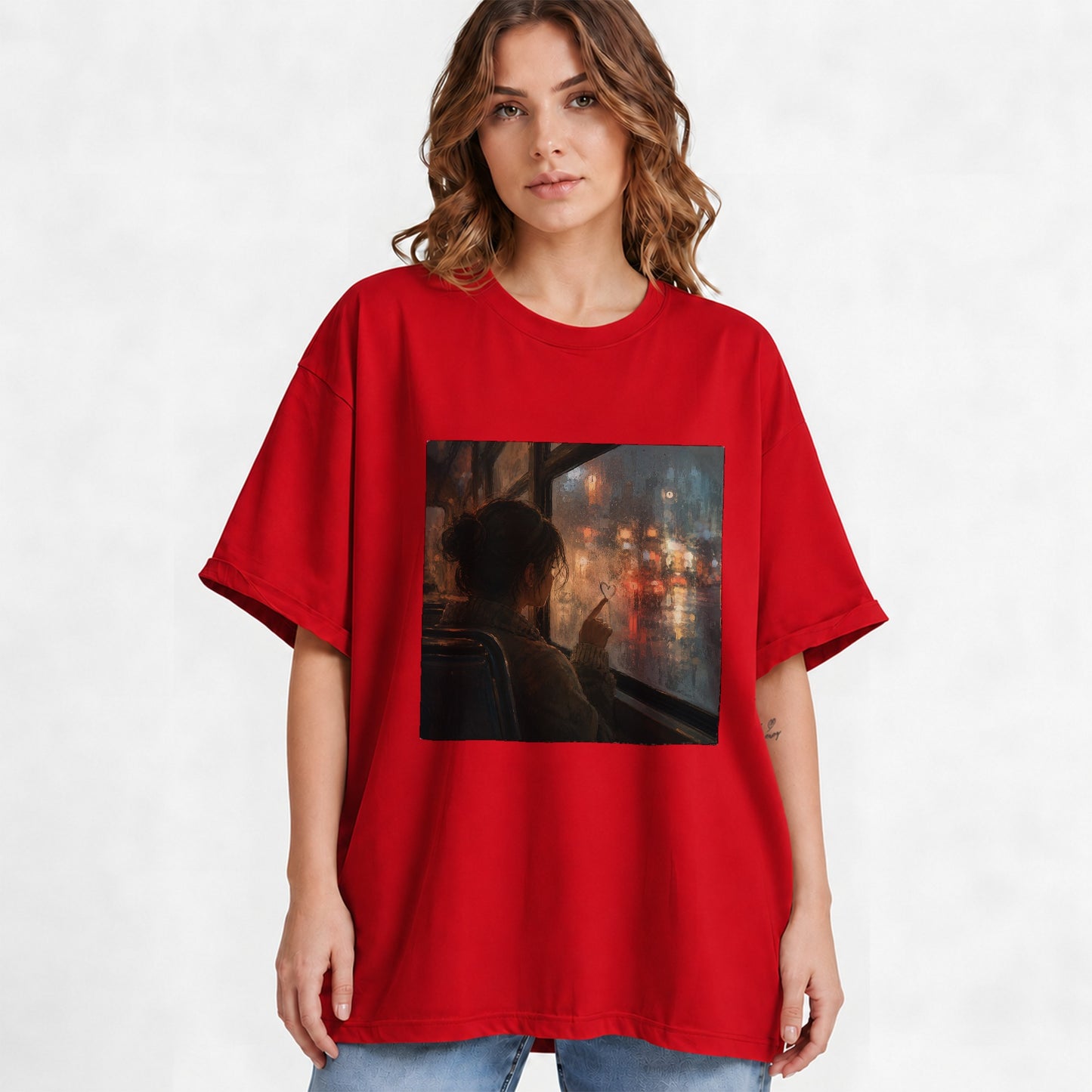 #pl[Red] Rainy Window Heart Graphic T-Shirt, Rainy Night City Art